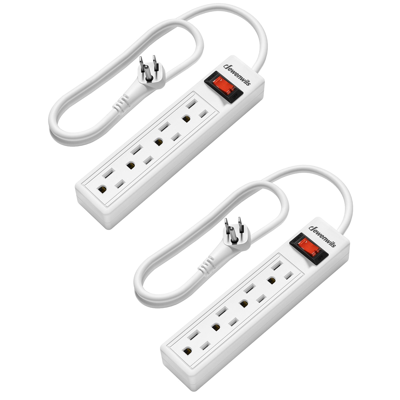 DEWENWILS 2 Pack 4 Outlets Power Strip, 2FT Short Cord with Flat Angled Plug, Portable Small Power Strip, 15A 125V 1875W, Wall Mount Design for Home Office Dorm, White-HHPS02F