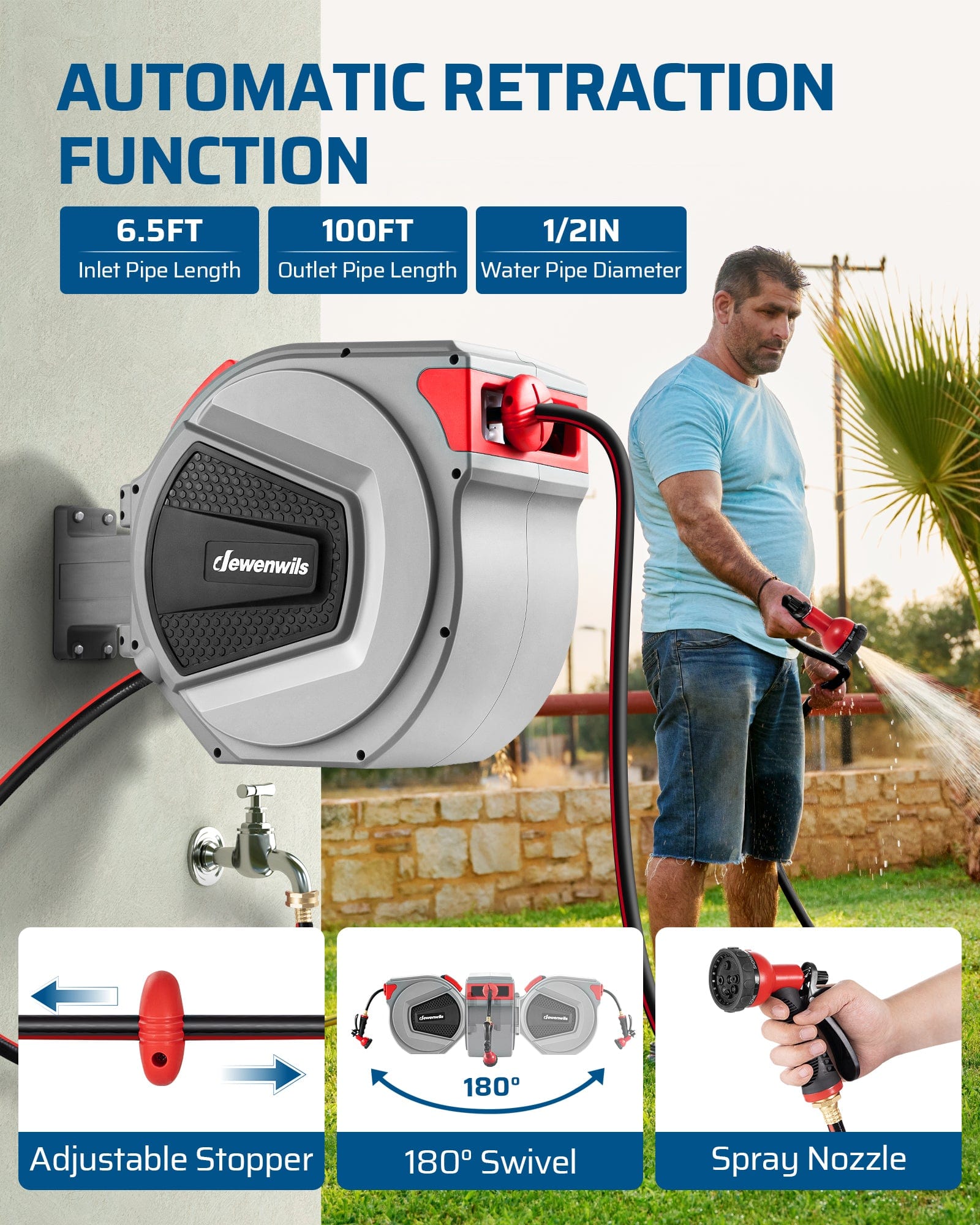 DEWENWILS Retractable Garden Hose Reel, 1/2" x 100 ft Wall Mount Hose Reel, 8-Pattern Nozzles, Any Length Lock, 180° Swivel Bracket, Heavy Duty Weatherproof Water Hose Reel for Outdoor Watering-HHRA10B
