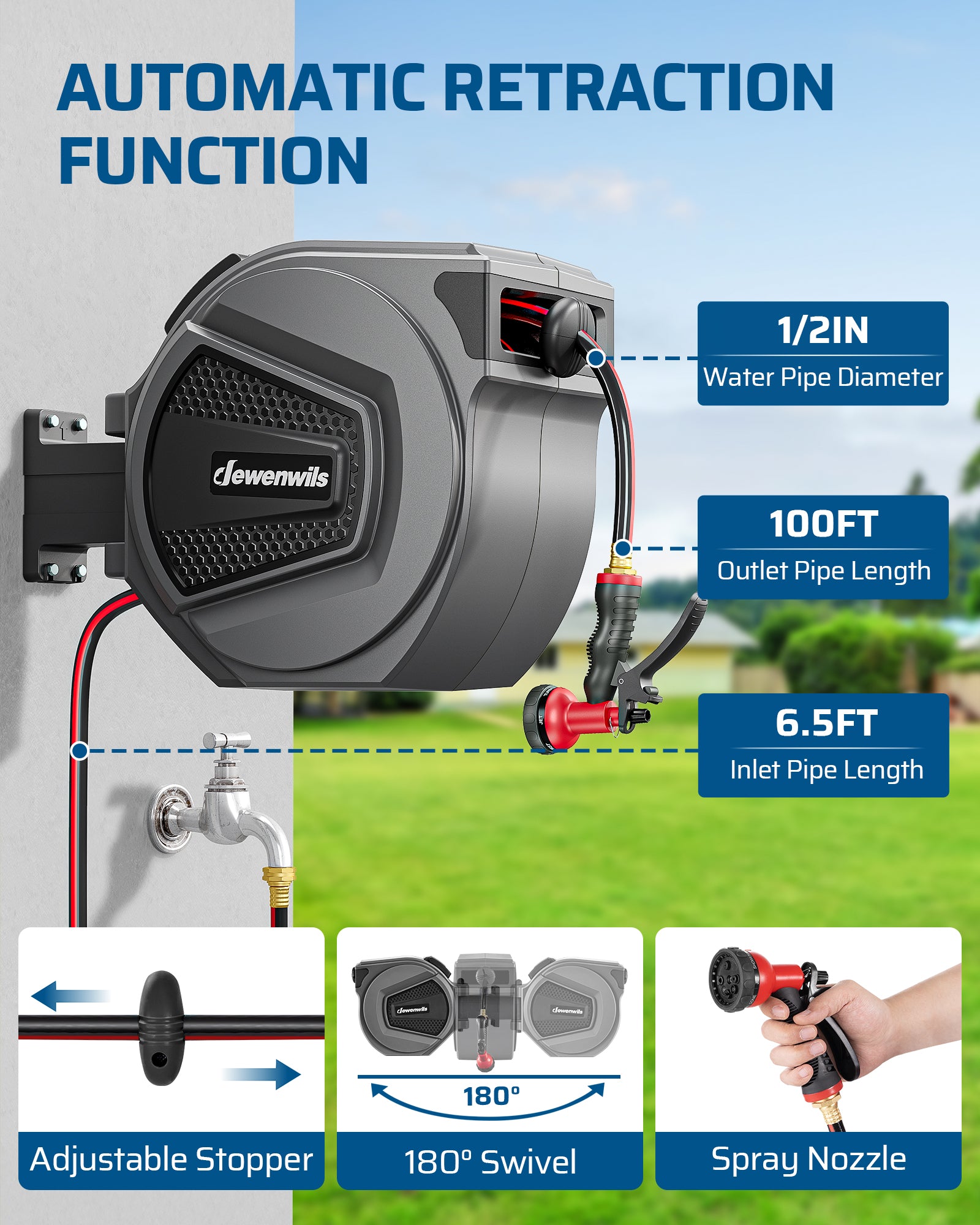DEWENWILS Retractable Garden Hose Reel, 1/2" Wall Mount Hose Reel, 8-Pattern Nozzles, Any Length Lock, 180° Swivel Bracket, Weatherproof Water Hose Reel for Outdoor Watering, Dark Gray + Black (100ft)-HHRA10C