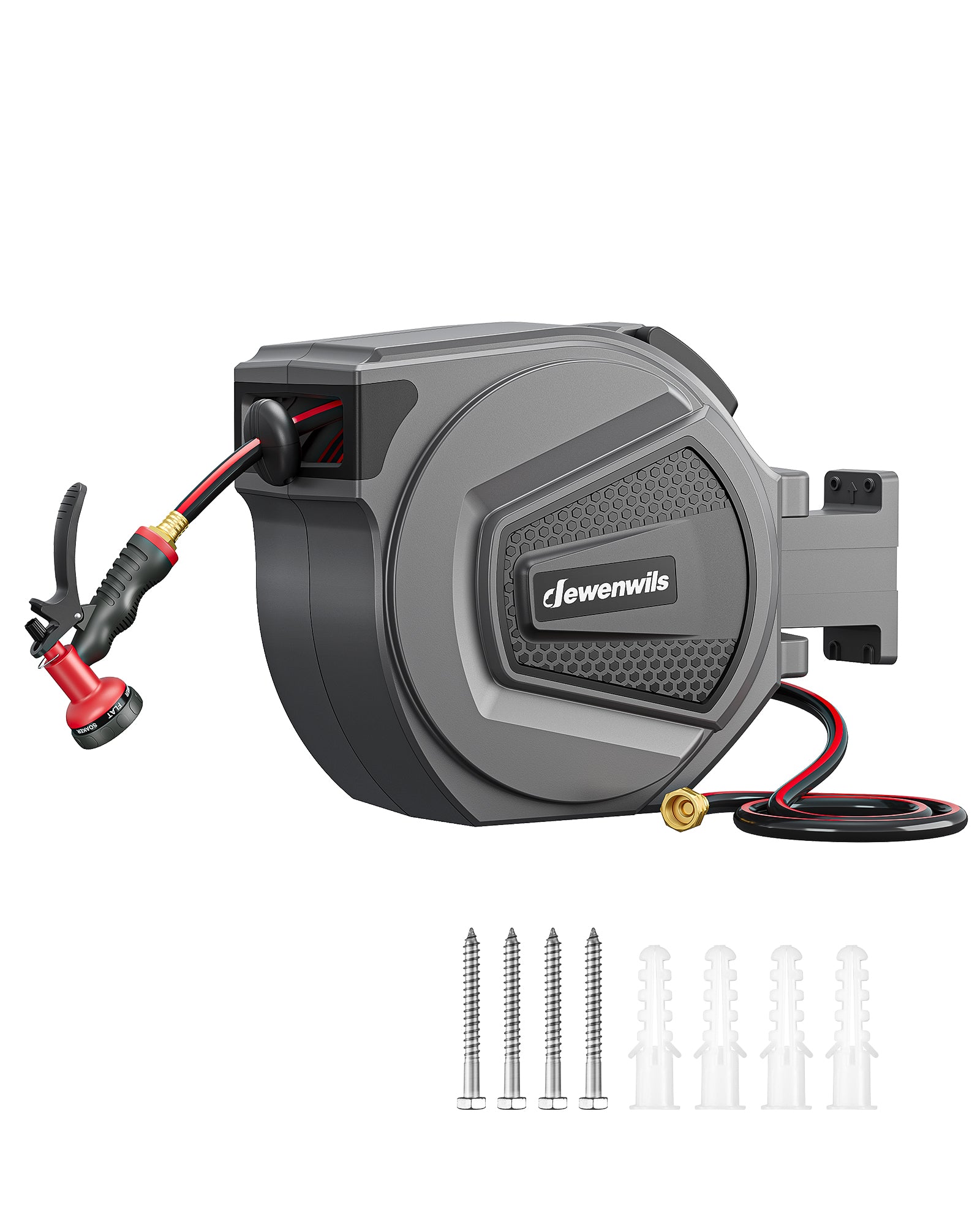 DEWENWILS Retractable Garden Hose Reel, 1/2" Wall Mount Hose Reel, 8-Pattern Nozzles, Any Length Lock, 180° Swivel Bracket, Weatherproof Water Hose Reel for Outdoor Watering, Dark Gray + Black (65ft)-HHRA65C