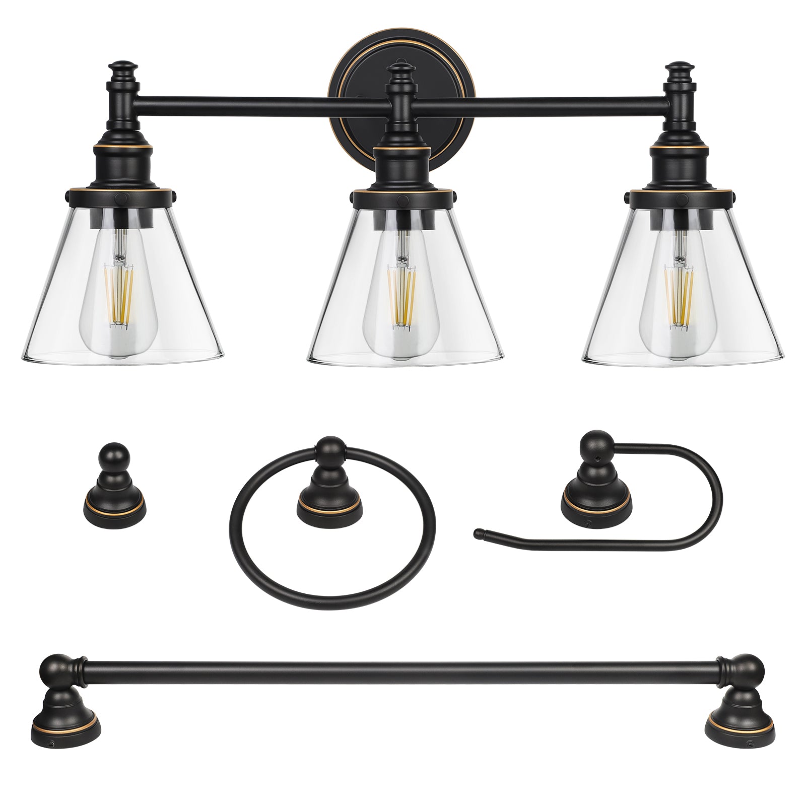 DEWENWILS 3-Light Bathroom Vanity Light Fixtures, 5-Piece All-in-One Bathroom Set, Vanity Lights with Clear Glass Shades, Towel Bar, Towel Ring, Robe Hook, Toilet Paper Holder, Oil Rubbed Bronze-HHVL01C
