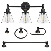 DEWENWILS 3-Light Bathroom Vanity Light Fixtures, 5-Piece All-in-One Bathroom Set, Vanity Lights with Clear Glass Shades, Towel Bar, Towel Ring, Robe Hook, Toilet Paper Holder, Oil Rubbed Bronze-HHVL01C