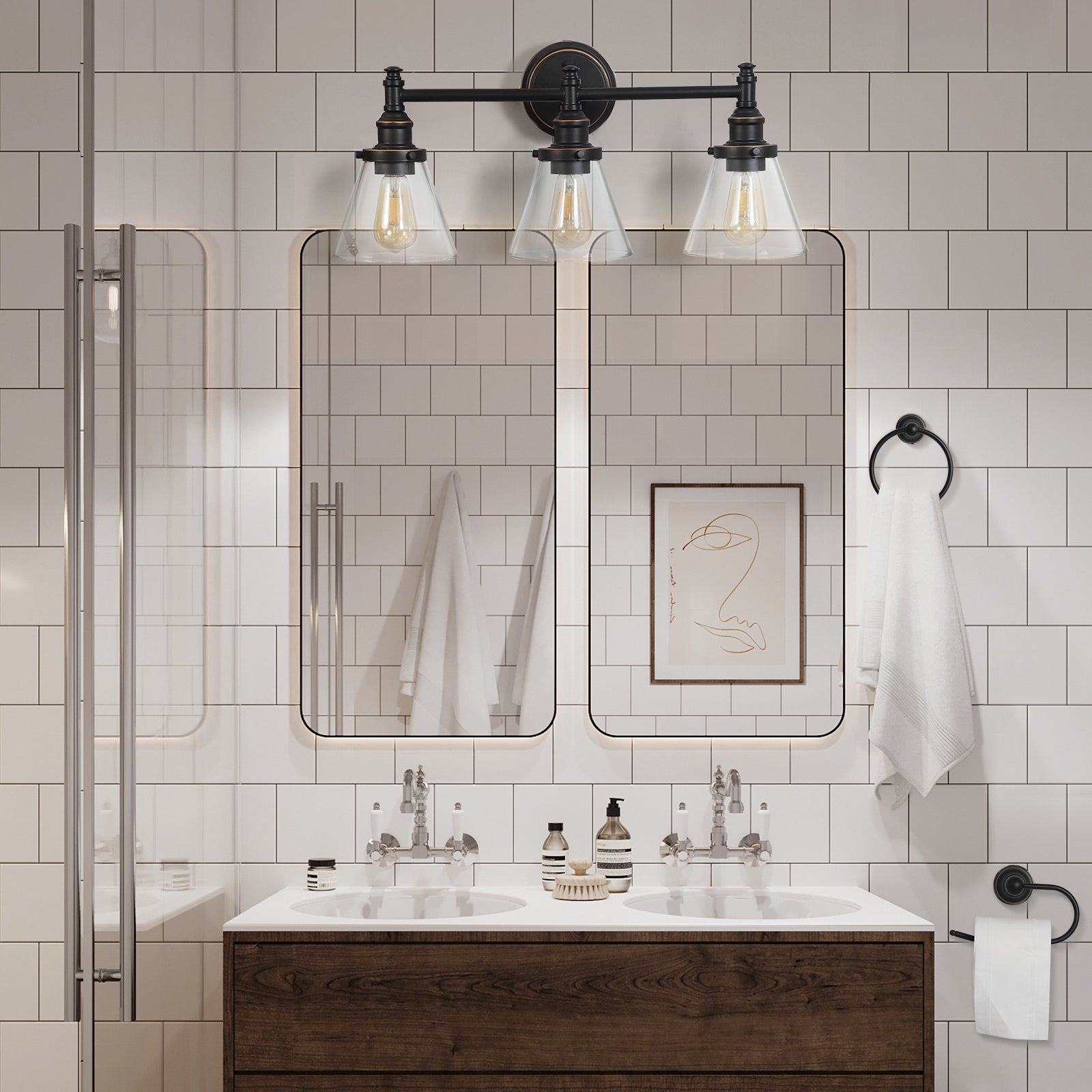 DEWENWILS 3-Light Bathroom Vanity Light Fixtures, 5-Piece All-in-One Bathroom Set, Vanity Lights with Clear Glass Shades, Towel Bar, Towel Ring, Robe Hook, Toilet Paper Holder, Oil Rubbed Bronze-HHVL01C