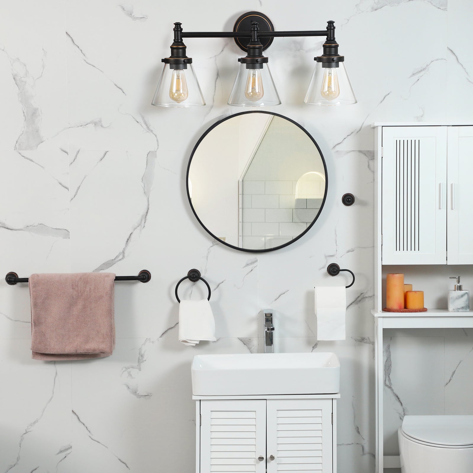 DEWENWILS 3-Light Bathroom Vanity Light Fixtures, 5-Piece All-in-One Bathroom Set, Vanity Lights with Clear Glass Shades, Towel Bar, Towel Ring, Robe Hook, Toilet Paper Holder, Oil Rubbed Bronze-HHVL01C