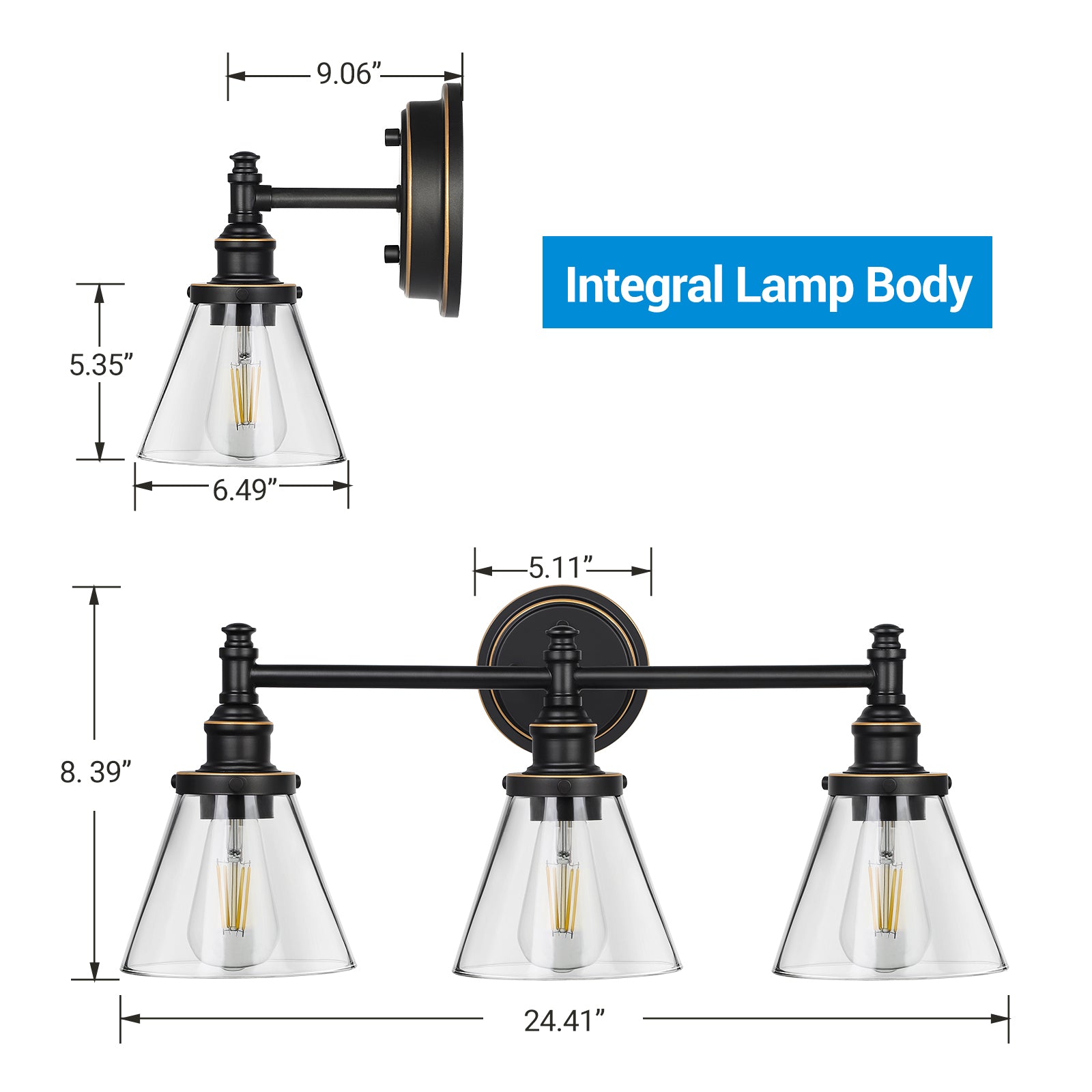 DEWENWILS 3-Light Bathroom Vanity Light Fixtures, 5-Piece All-in-One Bathroom Set, Vanity Lights with Clear Glass Shades, Towel Bar, Towel Ring, Robe Hook, Toilet Paper Holder, Oil Rubbed Bronze-HHVL01C