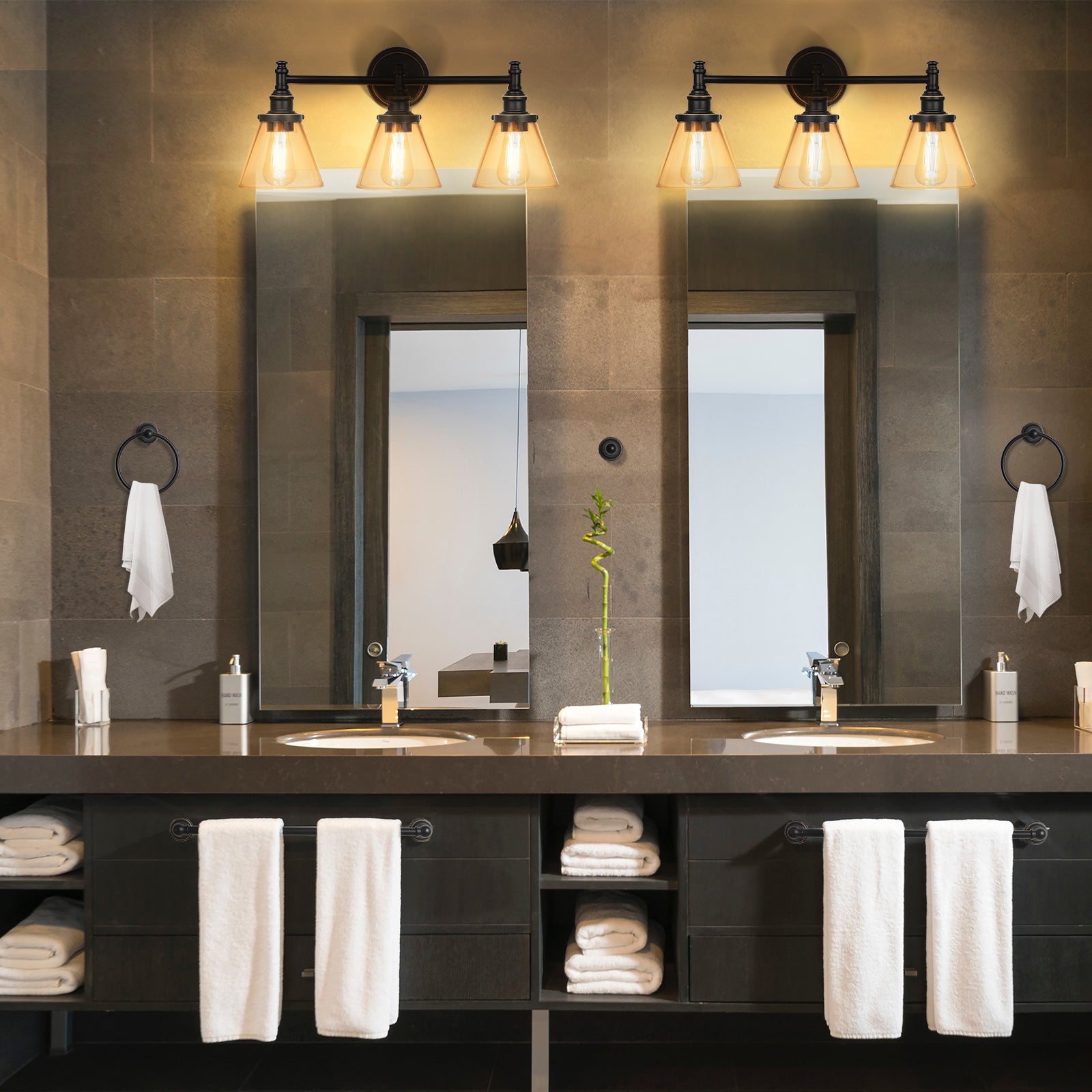 DEWENWILS 3-Light Bathroom Vanity Light Fixtures, 5-Piece All-in-One Bathroom Set, Vanity Lights with Clear Glass Shades, Towel Bar, Towel Ring, Robe Hook, Toilet Paper Holder, Oil Rubbed Bronze-HHVL01C