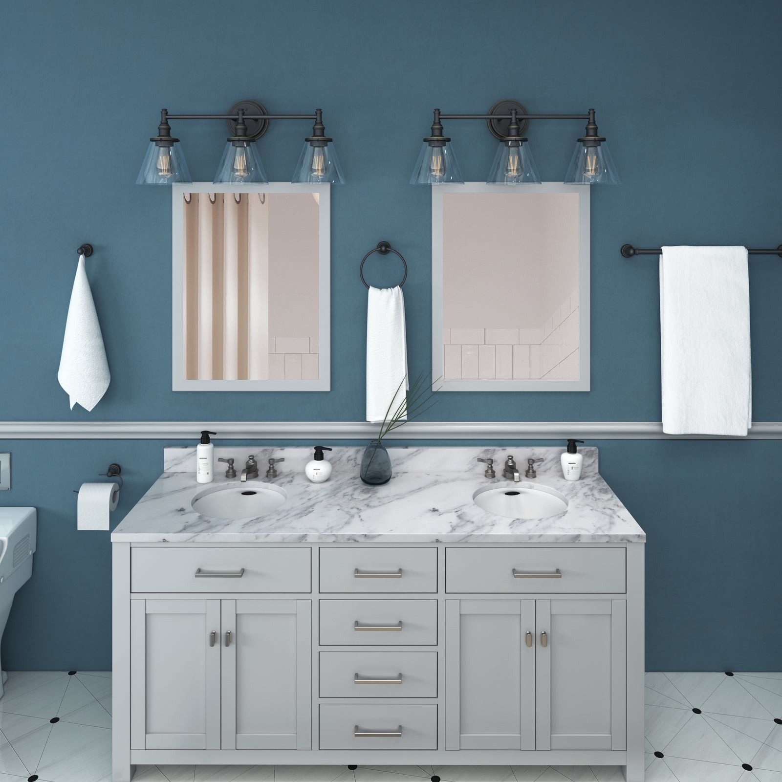 DEWENWILS 3-Light Bathroom Vanity Light Fixtures, 5-Piece All-in-One Bathroom Set, Vanity Lights with Clear Glass Shades, Towel Bar, Towel Ring, Robe Hook, Toilet Paper Holder, Oil Rubbed Bronze-HHVL01C