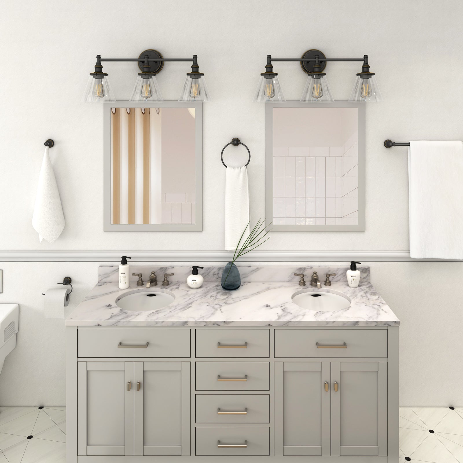 DEWENWILS 3-Light Bathroom Vanity Light Fixtures, 5-Piece All-in-One Bathroom Set, Vanity Lights with Clear Glass Shades, Towel Bar, Towel Ring, Robe Hook, Toilet Paper Holder, Oil Rubbed Bronze-HHVL01C