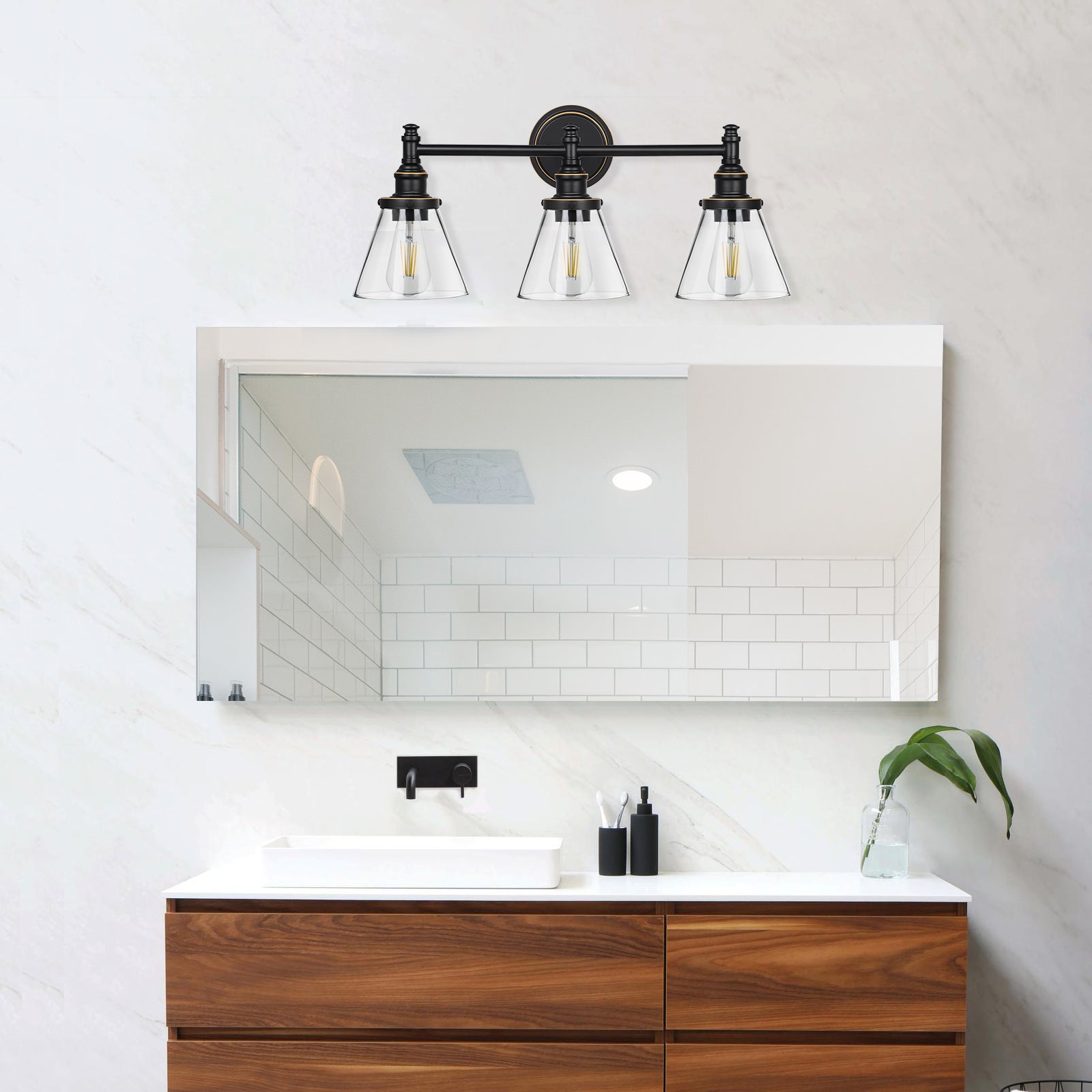 DEWENWILS 3-Light Bathroom Vanity Light Fixtures, 5-Piece All-in-One Bathroom Set, Vanity Lights with Clear Glass Shades, Towel Bar, Towel Ring, Robe Hook, Toilet Paper Holder, Oil Rubbed Bronze-HHVL01C