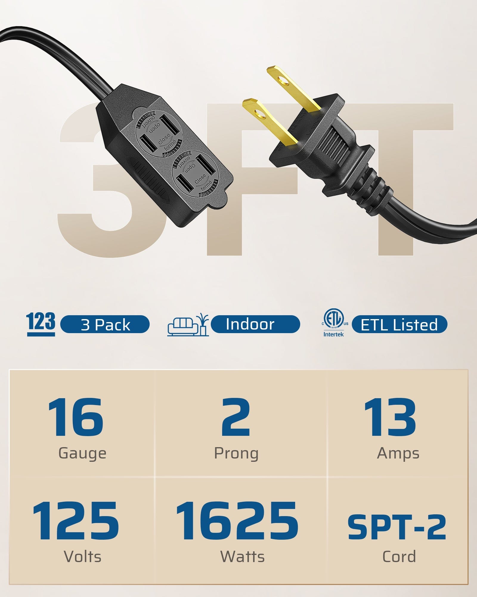 DEWENWILS 3ft Extension Cord with 3 Outlets, 2 Prong Extension Power Strip, 16 AWG Power Cord for Indoor Use (3 Pack)-HICB03C