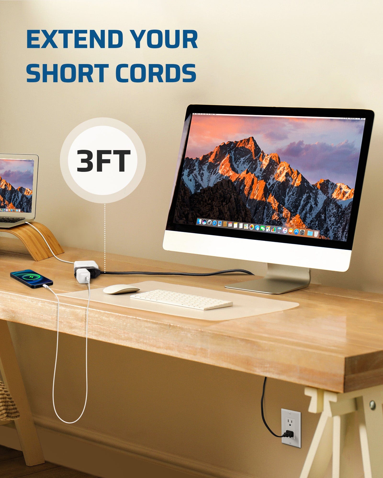 DEWENWILS 3ft Extension Cord with 3 Outlets, 2 Prong Extension Power Strip, 16 AWG Power Cord for Indoor Use (3 Pack)-HICB03C