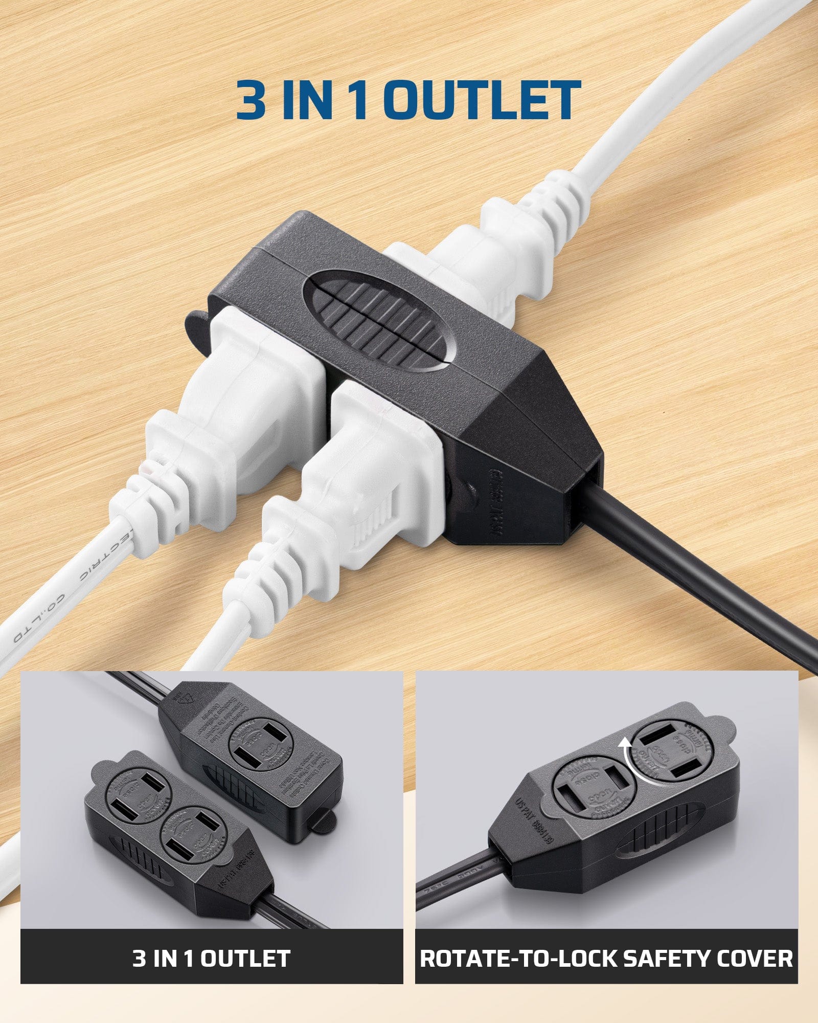 DEWENWILS 3ft Extension Cord with 3 Outlets, 2 Prong Extension Power Strip, 16 AWG Power Cord for Indoor Use (3 Pack)-HICB03C