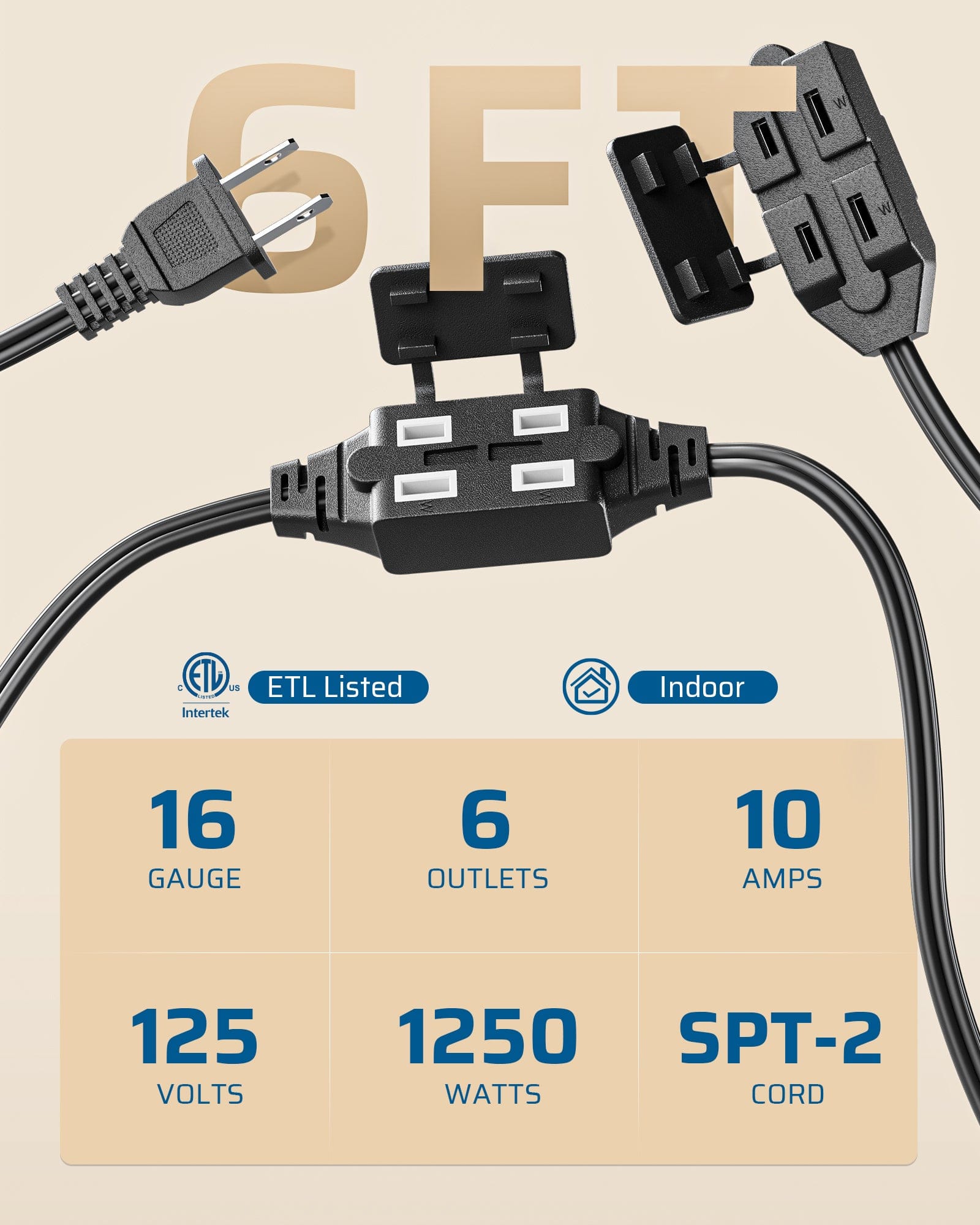 DEWENWILS 2 Pack 2 Prong Extension Cord 6 Ft, 3FT + 3FT Indoor Extension Cord, 2 Groups 3 Polarized Outlets with Safety Cap Protect for Home Office, Black, 16/2 SPT-2-HICB06E