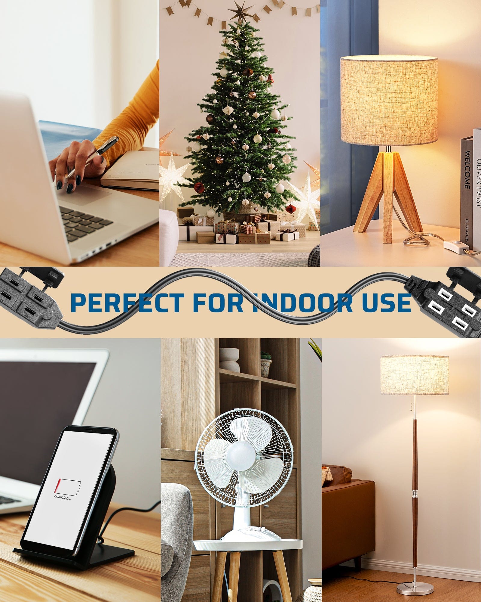 DEWENWILS 2 Pack 2 Prong Extension Cord 6 Ft, 3FT + 3FT Indoor Extension Cord, 2 Groups 3 Polarized Outlets with Safety Cap Protect for Home Office, Black, 16/2 SPT-2-HICB06E