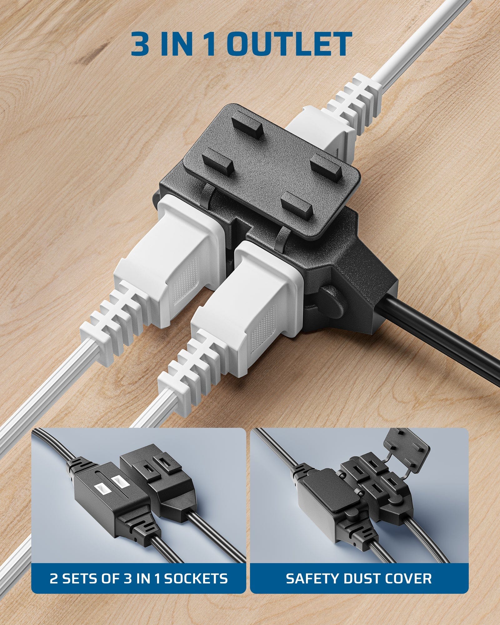 DEWENWILS 2 Pack 2 Prong Extension Cord 6 Ft, 3FT + 3FT Indoor Extension Cord, 2 Groups 3 Polarized Outlets with Safety Cap Protect for Home Office, Black, 16/2 SPT-2-HICB06E