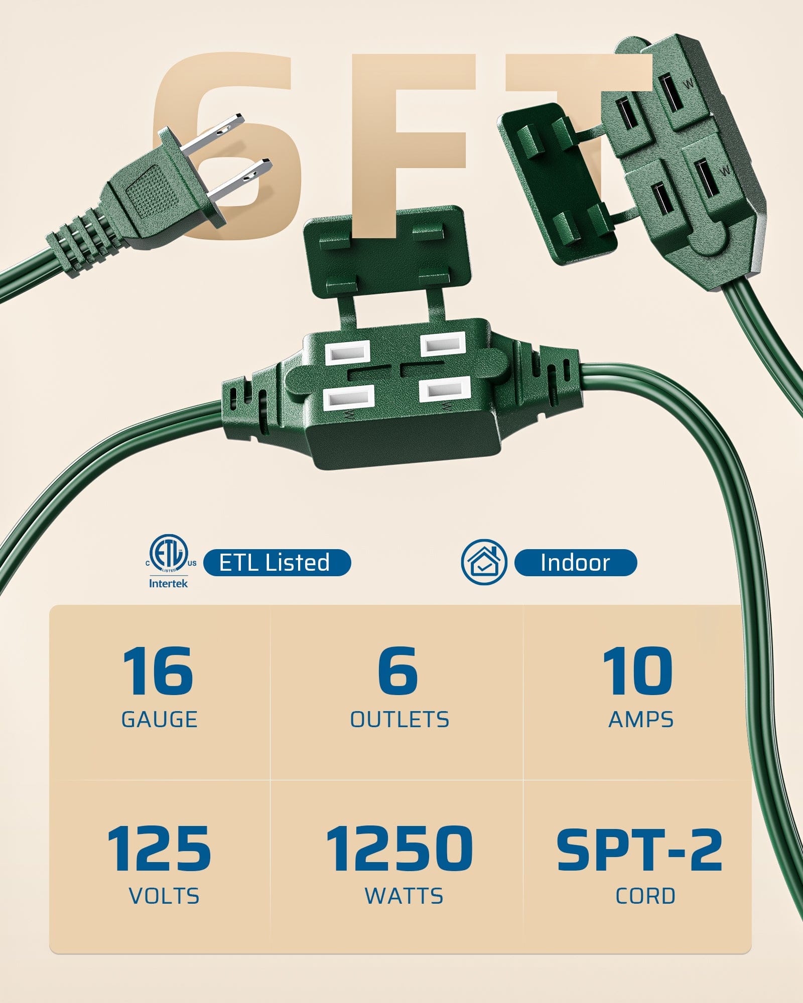 DEWENWILS 1 Pack 2 Prong Extension Cord 6 Ft, 3FT + 3FT Indoor Extension Cord, 2 Groups 3 Polarized Outlets with Safety Cap Protect for Home Office, Green, 16/2 SPT-2-HICG06D