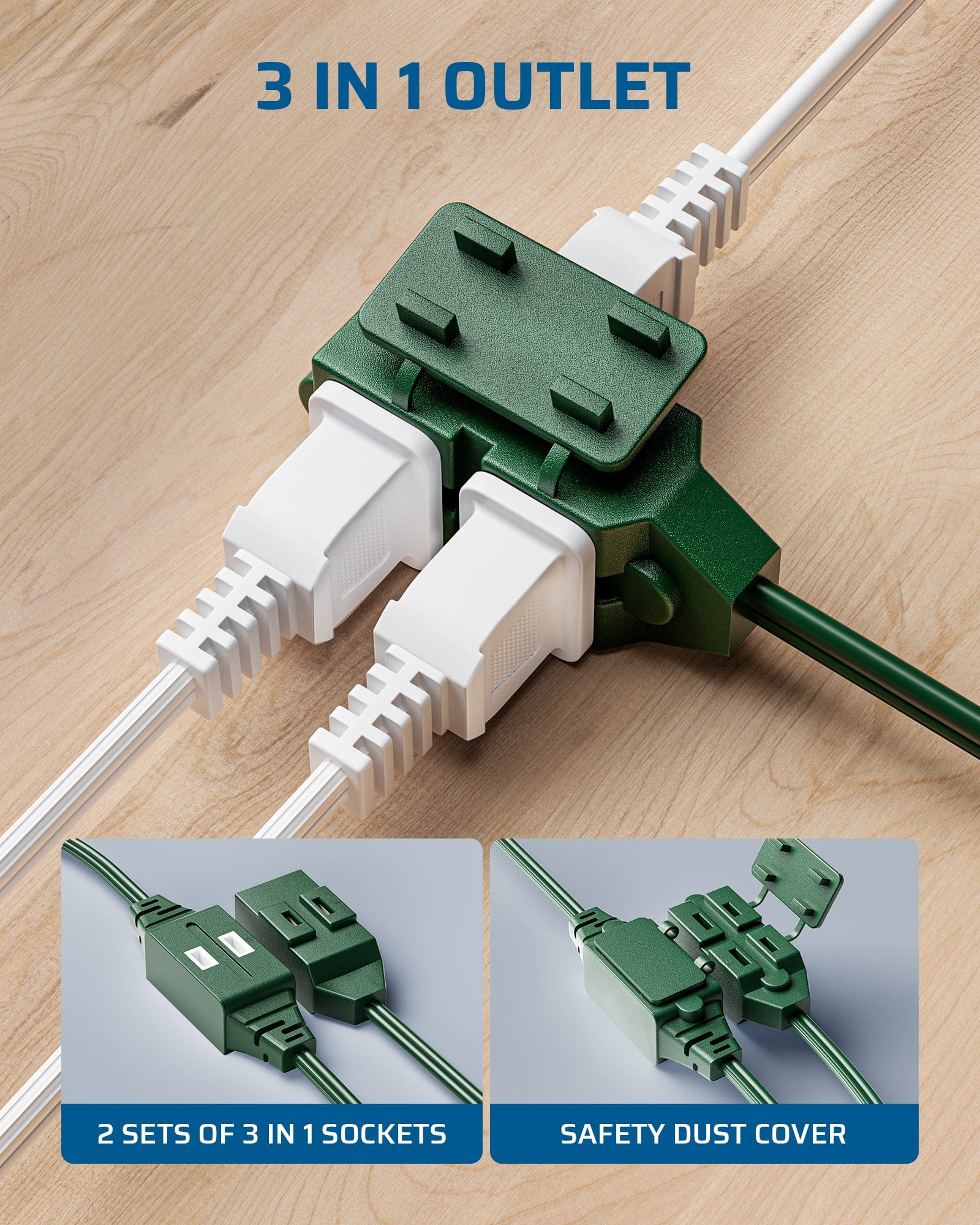 DEWENWILS 2 Pack 2 Prong Extension Cord 6 Ft, 3FT + 3FT Indoor Extension Cord, 2 Groups 3 Polarized Outlets with Safety Cap Protect for Home Office, Green, 16/2 SPT-2-HICG06E