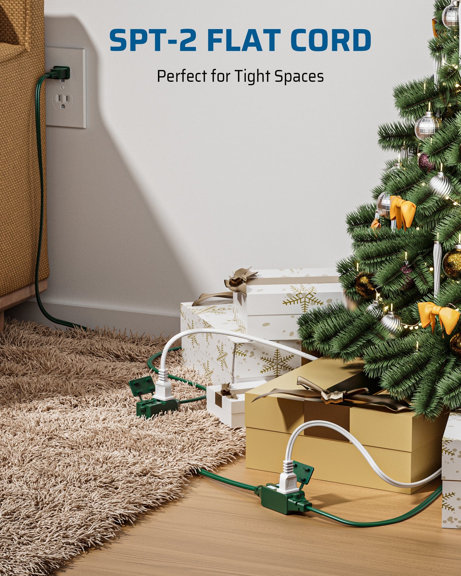 DEWENWILS 2 Pack 2 Prong Extension Cord 6 Ft, 3FT + 3FT Indoor Extension Cord, 2 Groups 3 Polarized Outlets with Safety Cap Protect for Home Office, Green, 16/2 SPT-2-HICG06E