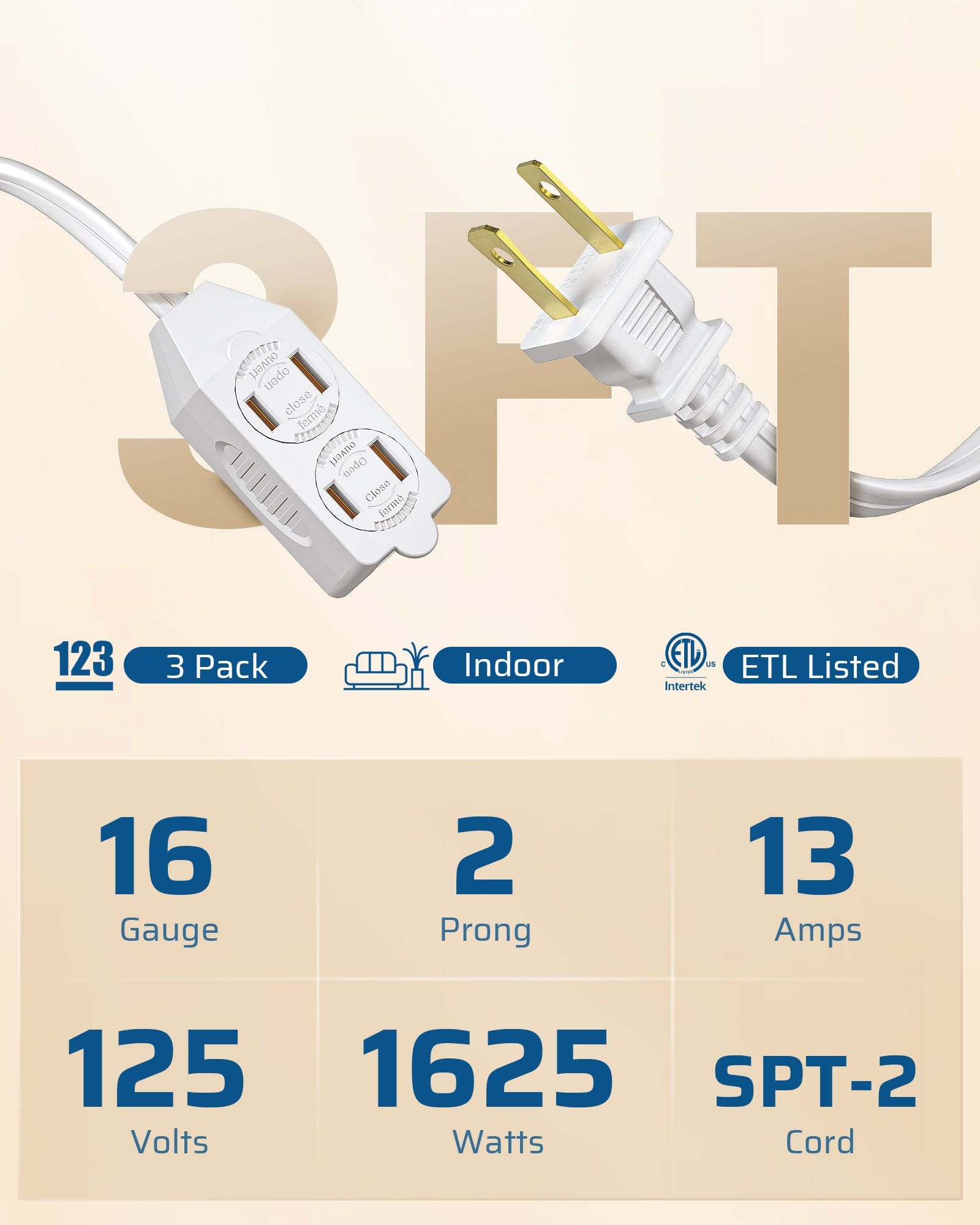 DEWENWILS 3ft Indoor Extension Cord, 16 AWG SPT-2 Power Cable, 2 Prong Outlets Plugs, NEMA 5-15P to NEMA 5-15R (3 Pack)-HICW03C