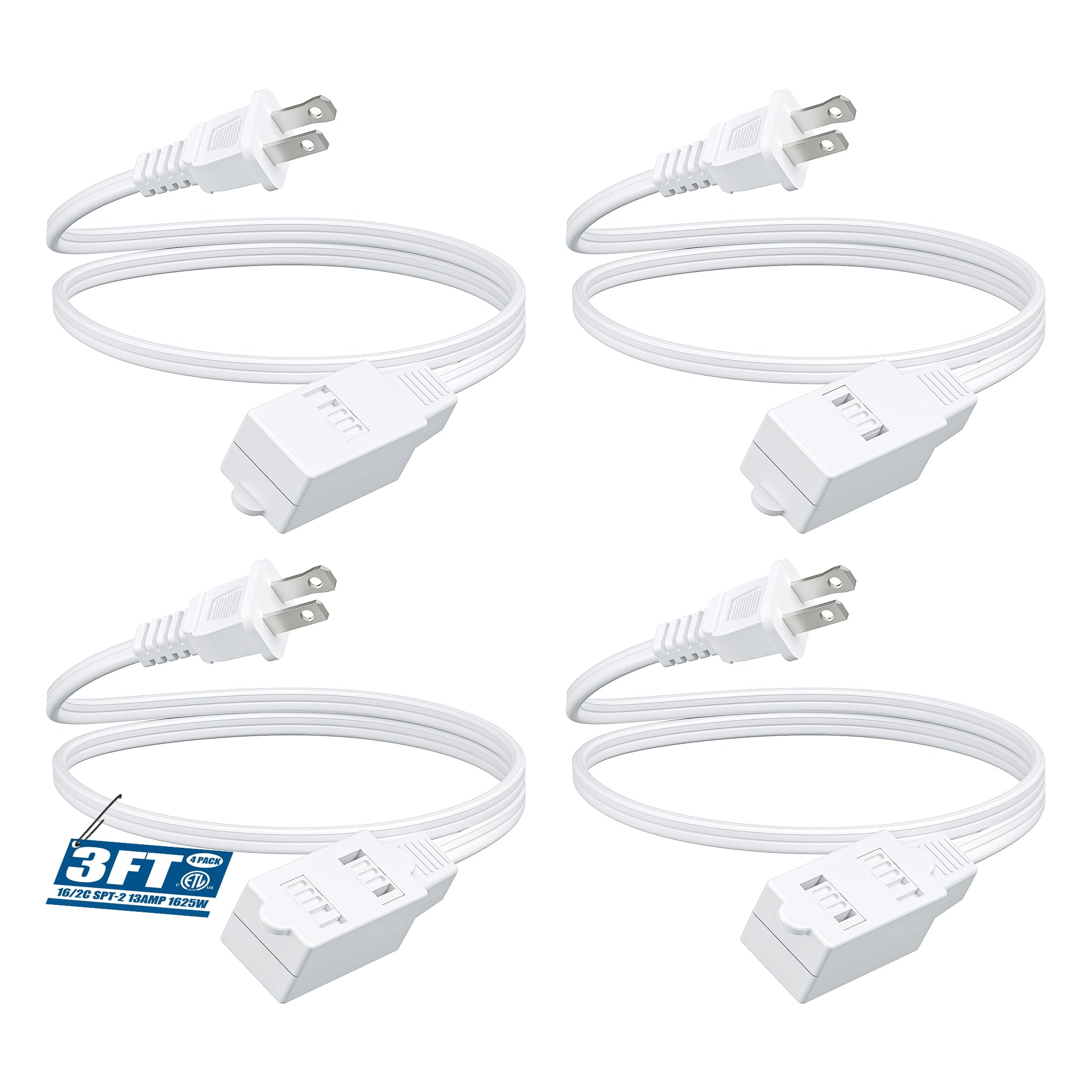 DEWENWILS 4 Pack 3FT Extension Cords for Indoor 2 Prong 3 Outlets with Safety Cover 16 AWG SPT-2 Power Strip Cable ETL Listed
