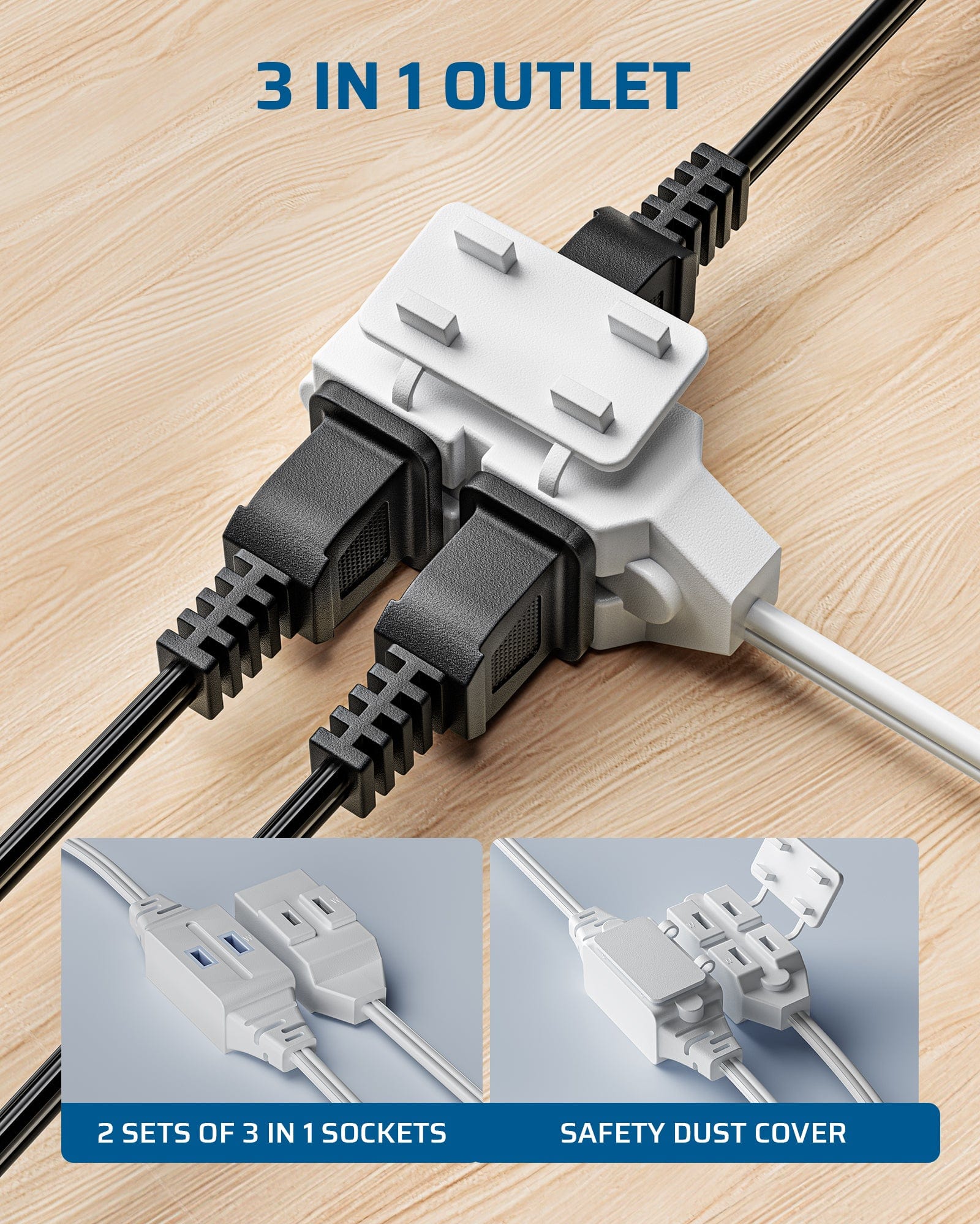 DEWENWILS 1 Pack 2 Prong Extension Cord 6 Ft, 3FT + 3FT Indoor Extension Cord, 2 Groups 3 Polarized Outlets with Safety Cap Protect for Home Office, White, 16/2 SPT-2-HICW06D