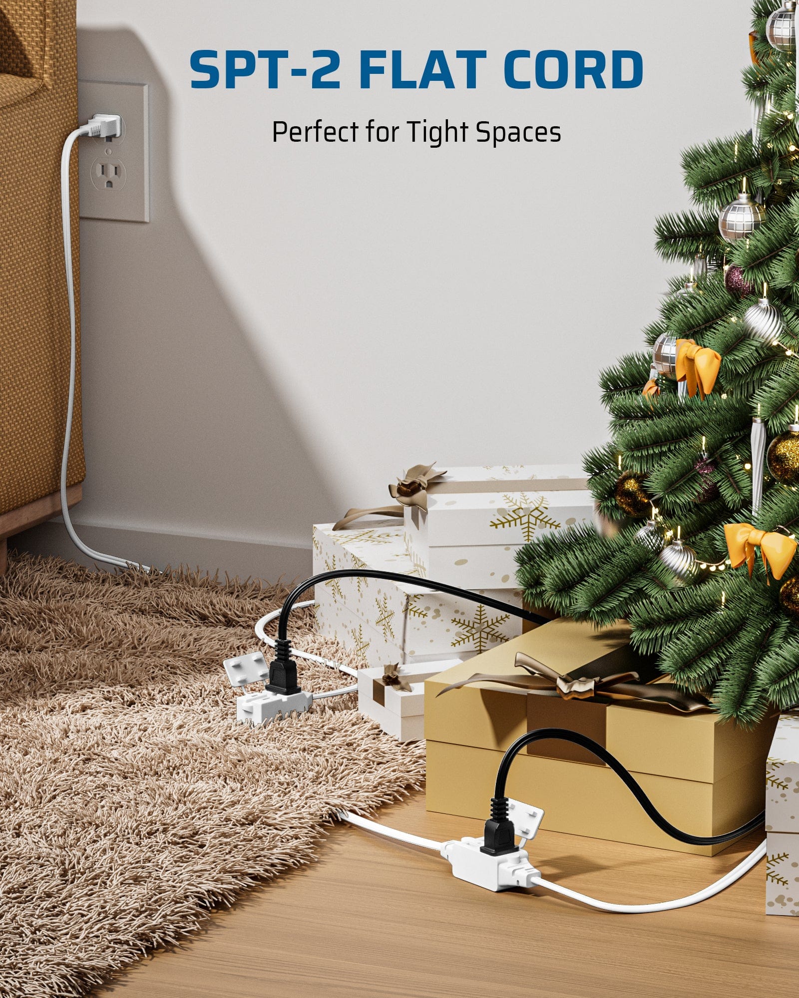 DEWENWILS 1 Pack 2 Prong Extension Cord 6 Ft, 3FT + 3FT Indoor Extension Cord, 2 Groups 3 Polarized Outlets with Safety Cap Protect for Home Office, White, 16/2 SPT-2-HICW06D