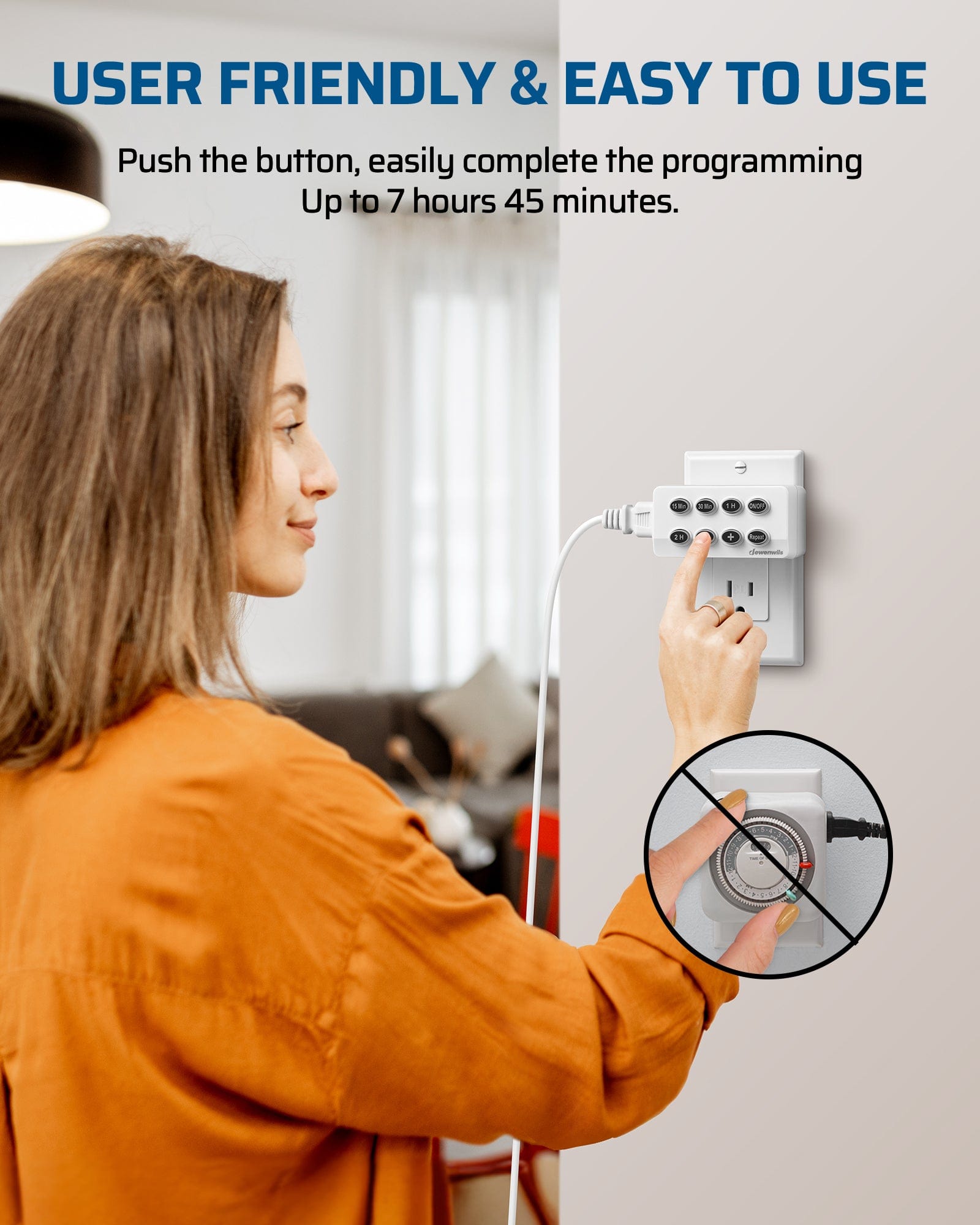 Indoor Outlet Timer: User-friendly push-button programming allows for quick setup. Supports countdown settings up to 7 hours and 45 minutes for easy automation.