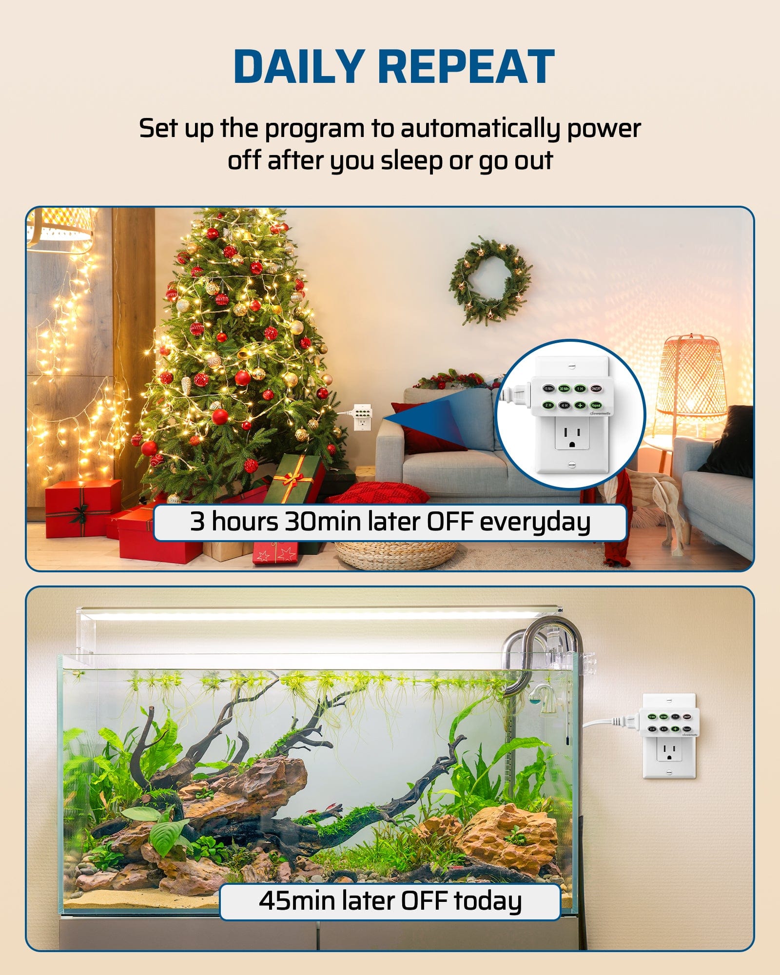 Indoor Outlet Timer: Features a daily repeat function to automatically power off devices after you sleep or go out. Efficiently manage your home’s energy use.