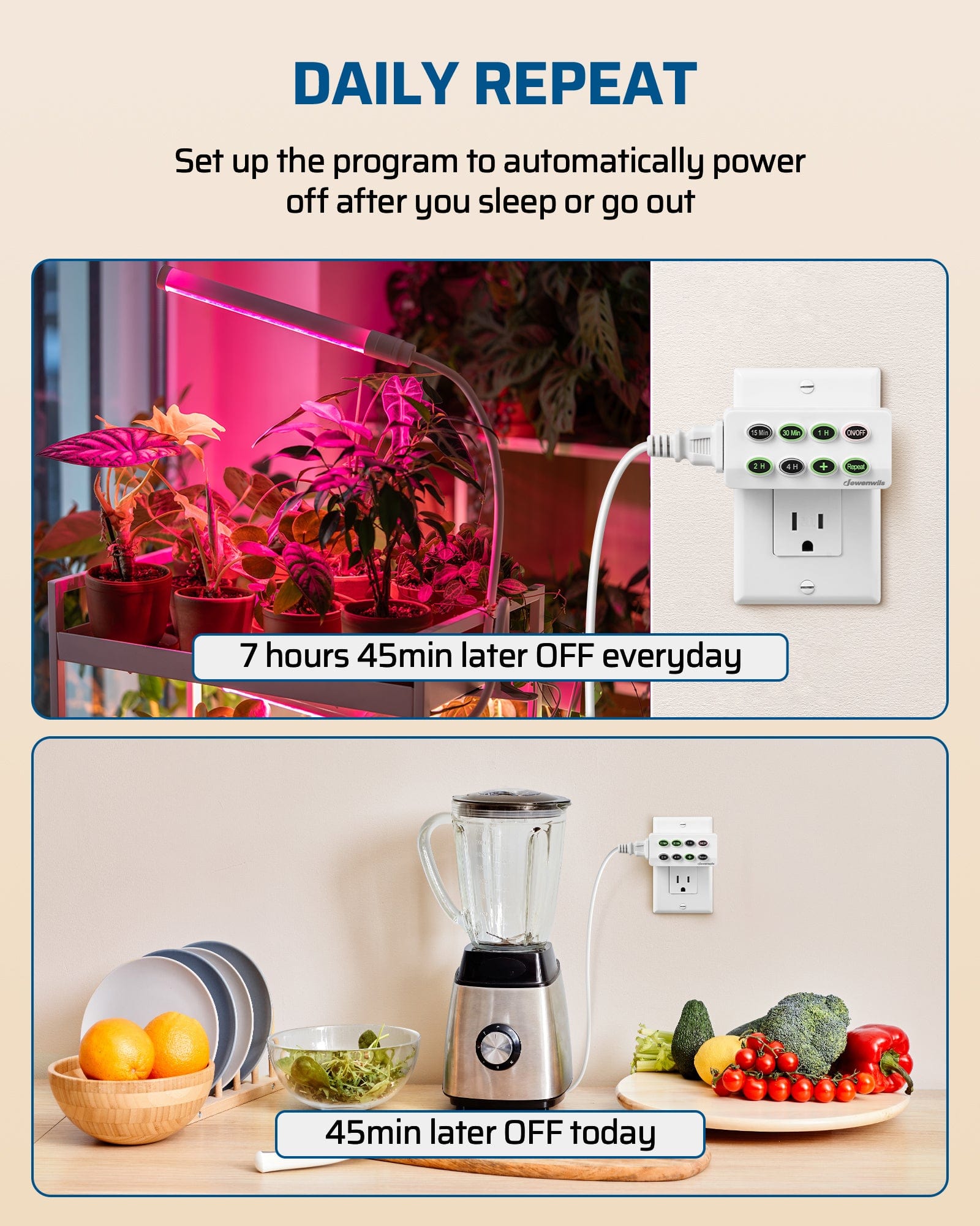 Features a daily repeat function to automatically power off devices after you sleep or go out. Efficiently manage your home’s energy use.