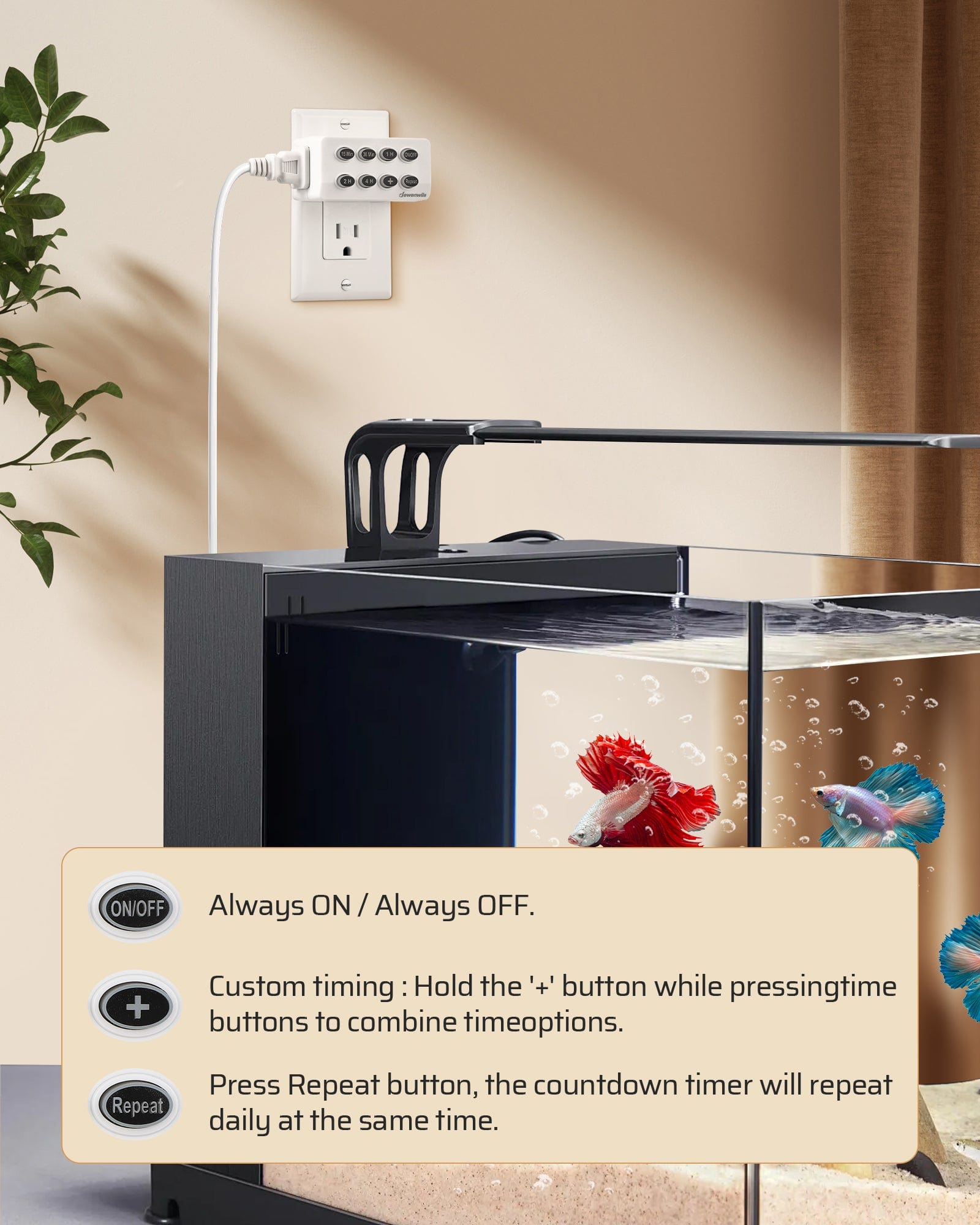 Indoor Outlet Timer: Features Always ON/OFF modes and custom daily repeat. Combine time options via the '+' button for precise, automated scheduling.