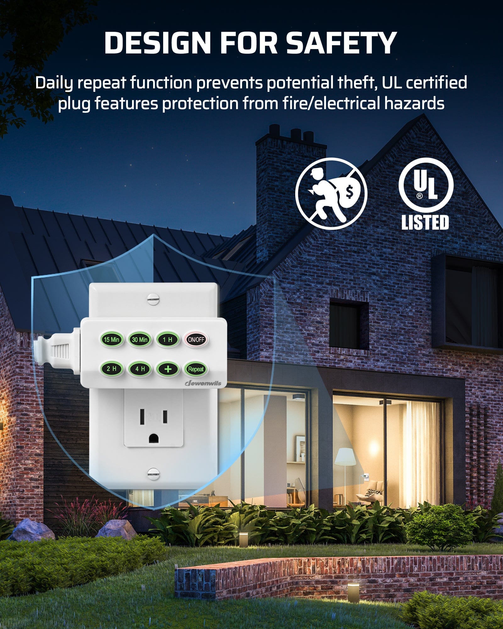 Indoor Outlet Timer: UL certified for fire and electrical safety. The daily repeat function enhances home security by deterring theft when you're away.