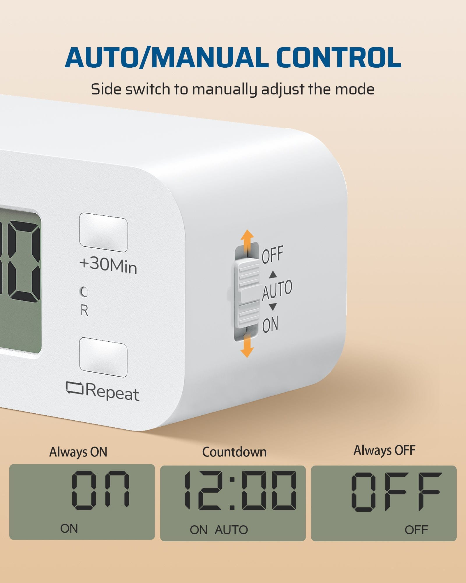 Outlet Timer: Features auto/manual control via a side switch. Supports 15A/1000W with 3 programs, a backup battery, and a slim side-entry design.
