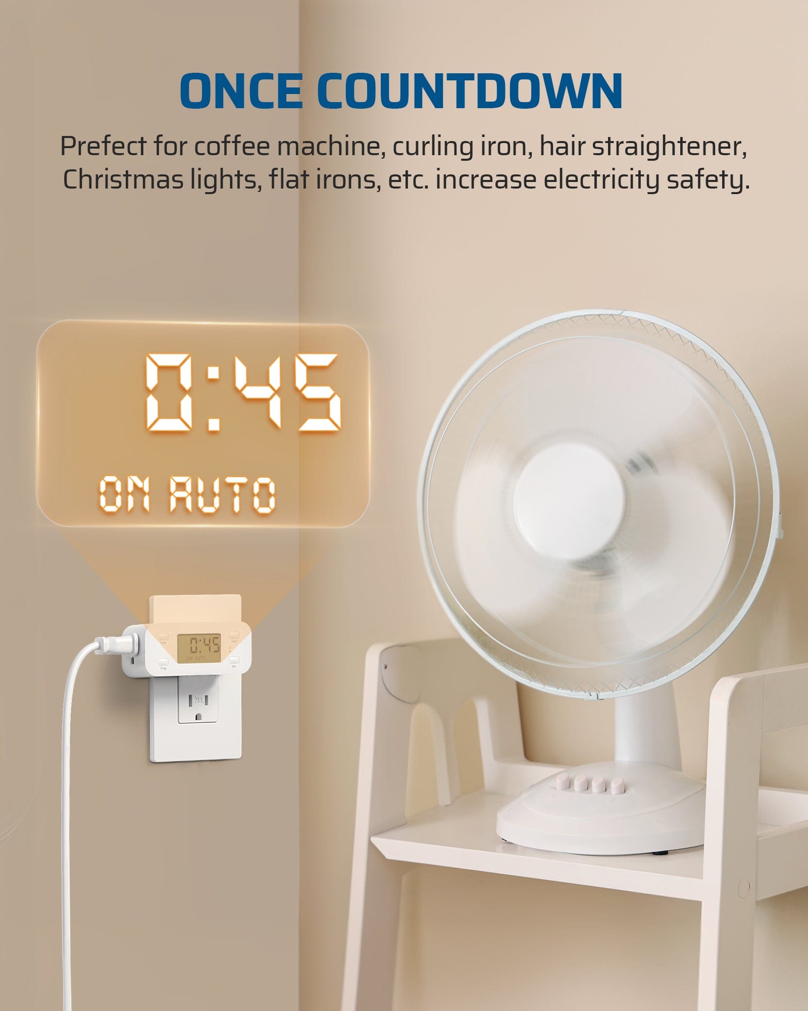 Outlet Timer: Once countdown function increases safety for coffee machines and hair tools. Supports 15A/1000W with 3 programs, side switch, and backup battery.
