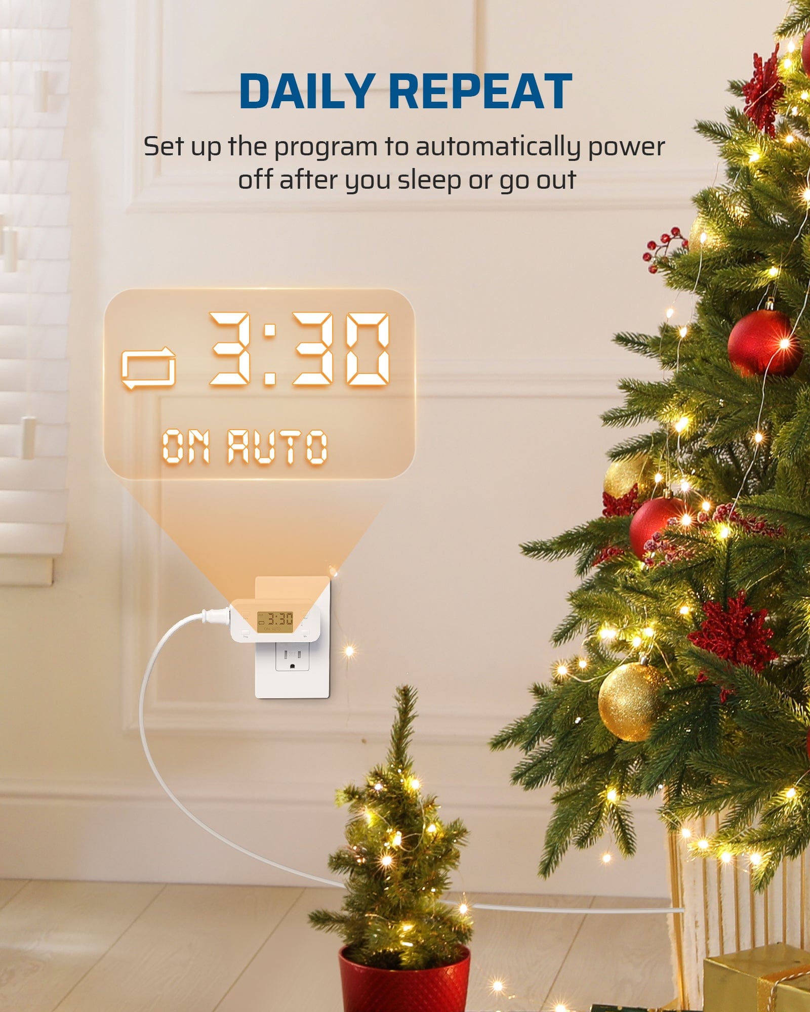 Outlet Timer: Daily repeat setting automatically powers off devices after you sleep or go out. Includes once countdown safety and accurate 1-minute intervals.