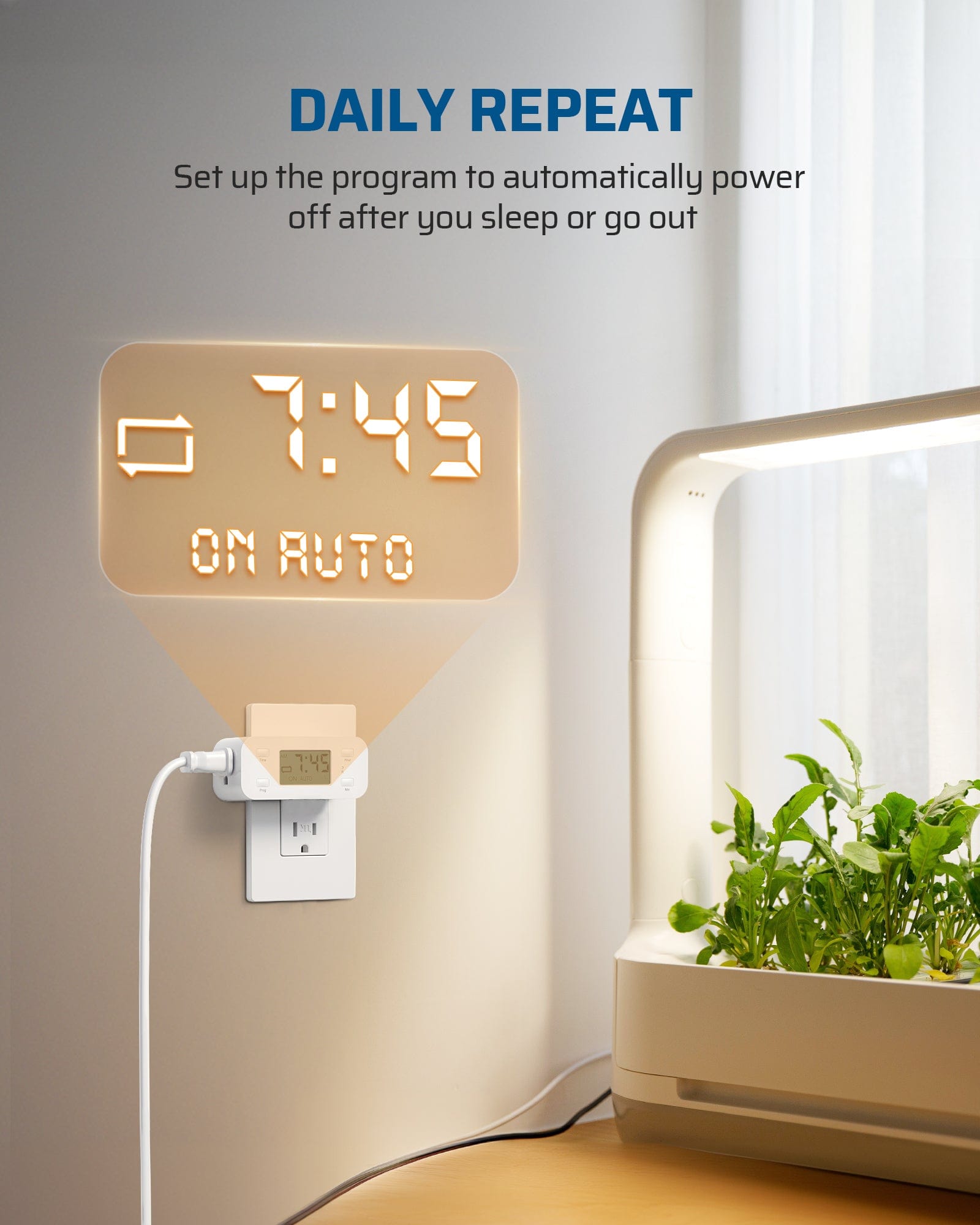 Outlet Timer: Daily repeat setting automatically powers off devices after you sleep or go out. Includes auto/manual side switch and once countdown safety mode.
