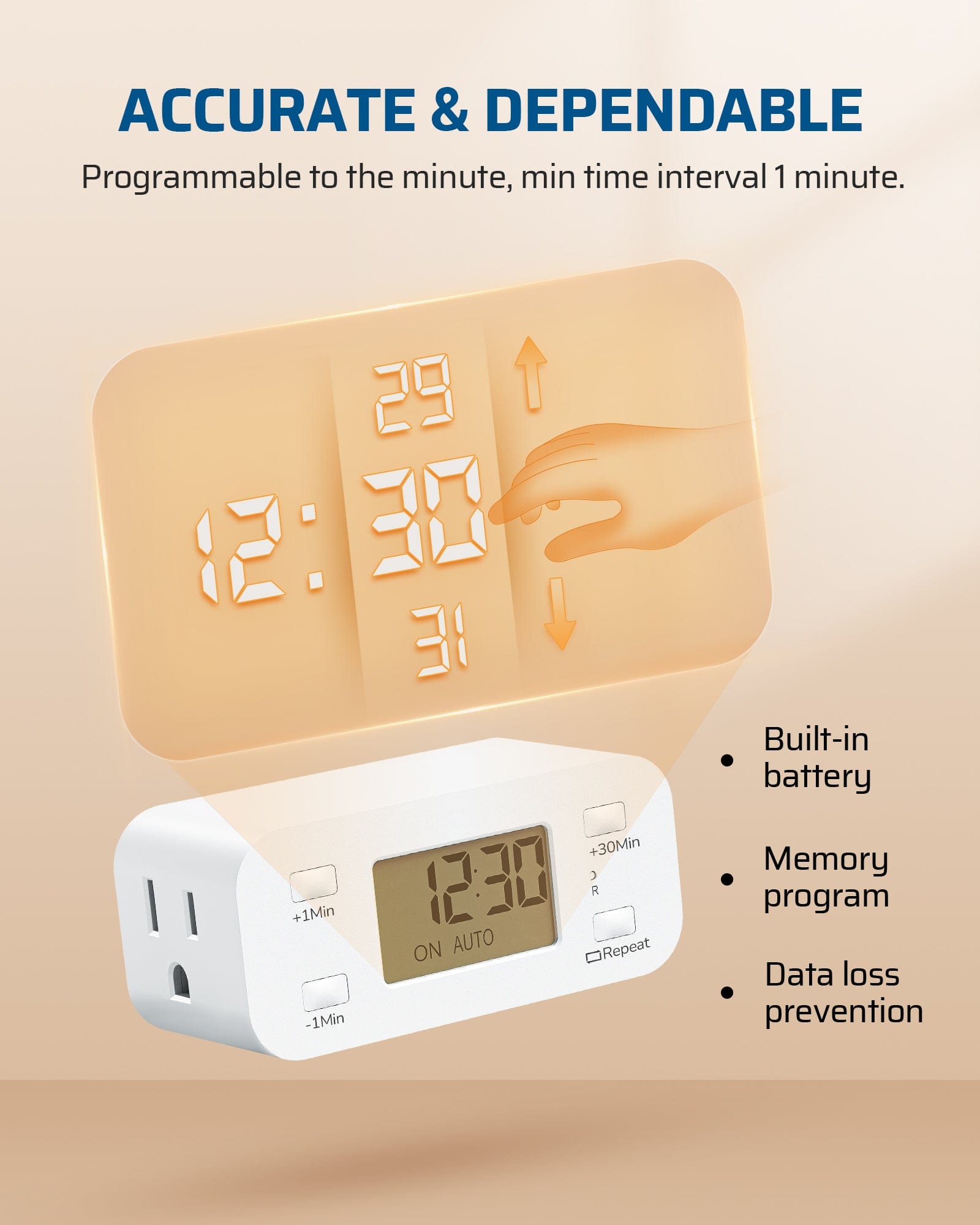 Outlet Timer: Accurate to the minute with a 1-minute minimum interval. Features a daily repeat to power off devices, a once countdown, and an auto/manual switch.