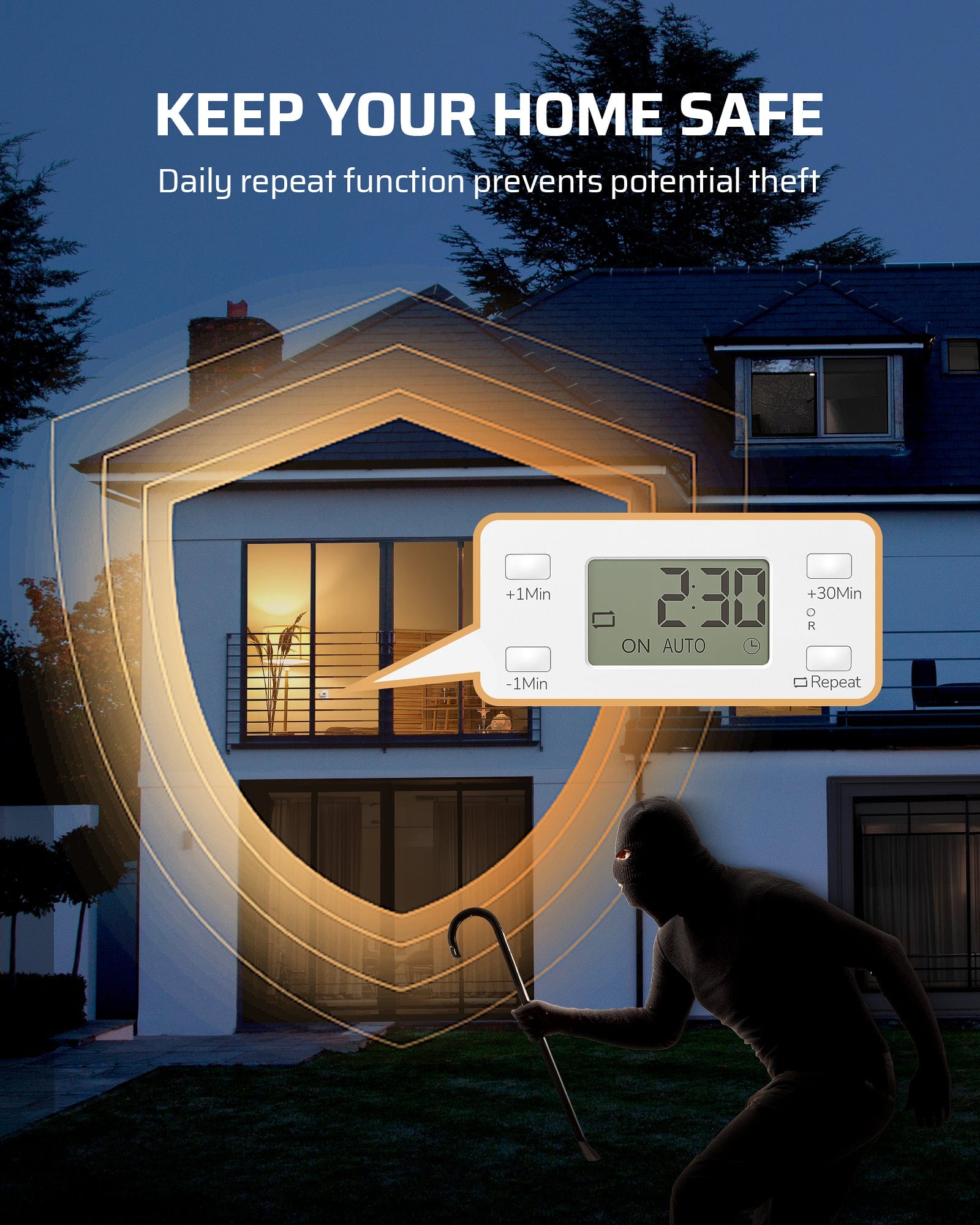 Outlet Timer: Daily repeat function prevents potential theft. Accurate to the minute with a 1-minute interval, plus once countdown and auto/manual control.