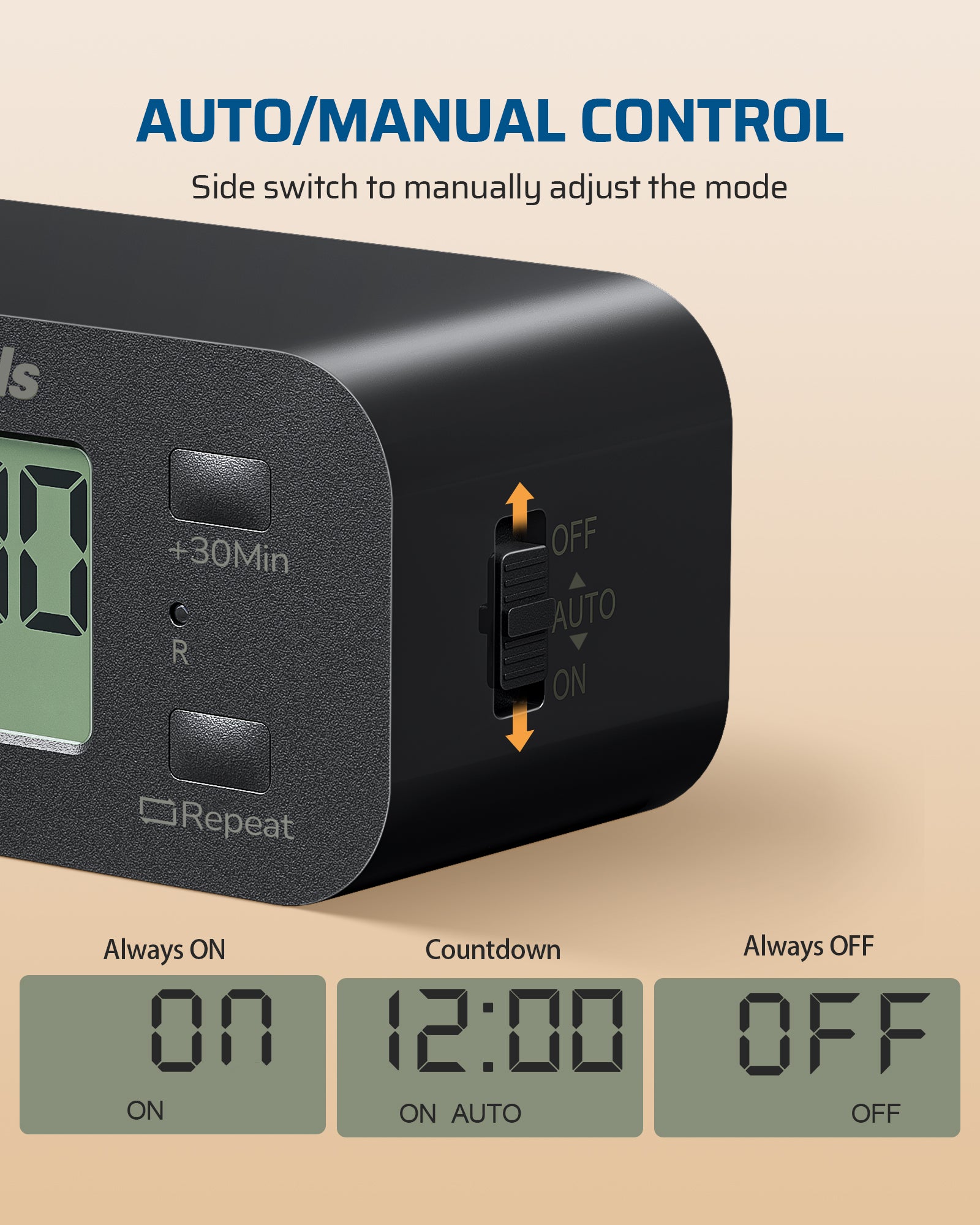 Outlet timer: Side switch for easy auto/manual control.
