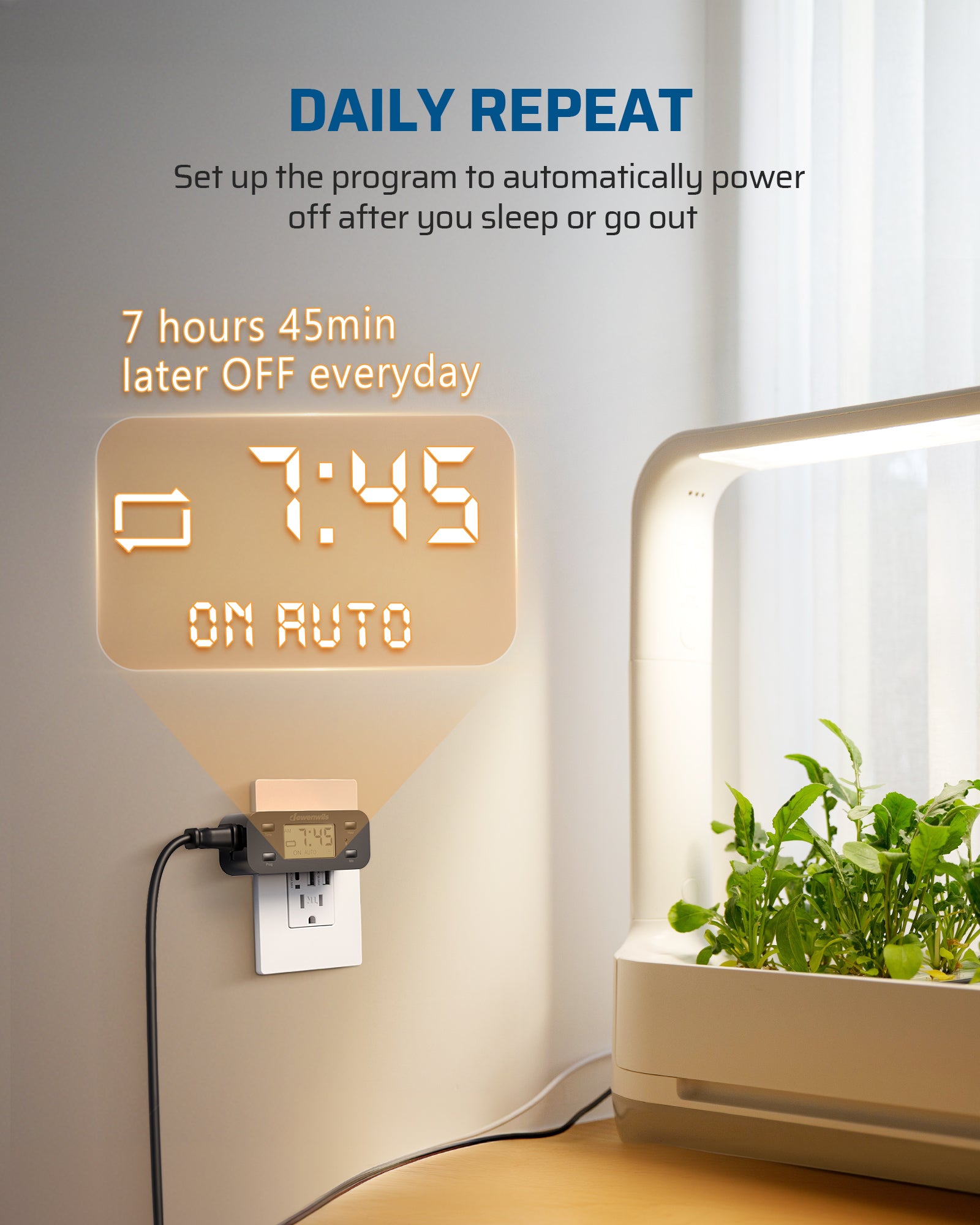 Outlet timer: Daily repeat function automatically powers off devices after you sleep or go out.