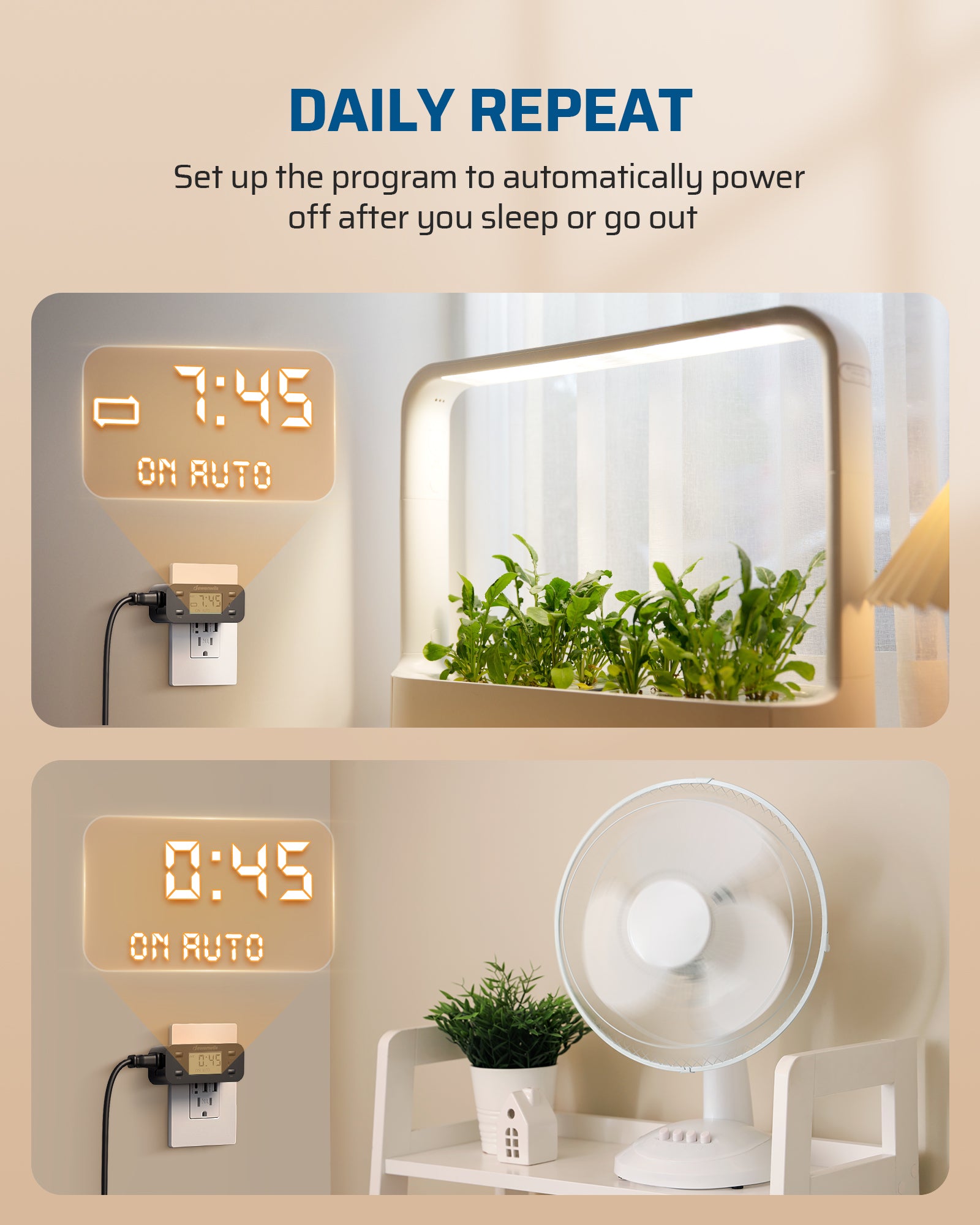 Outlet timer: Daily repeat function automatically powers off devices after you sleep or go out.