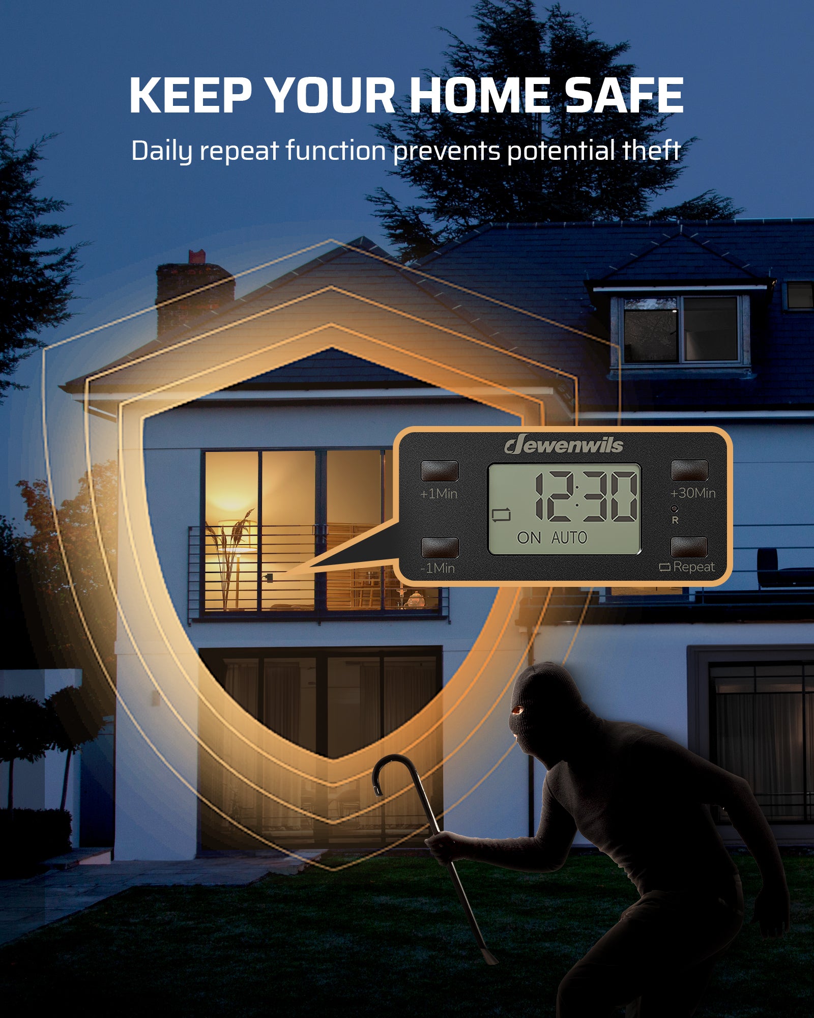 Outlet timer: Daily repeat function keeps your home safe and helps prevent potential theft.
