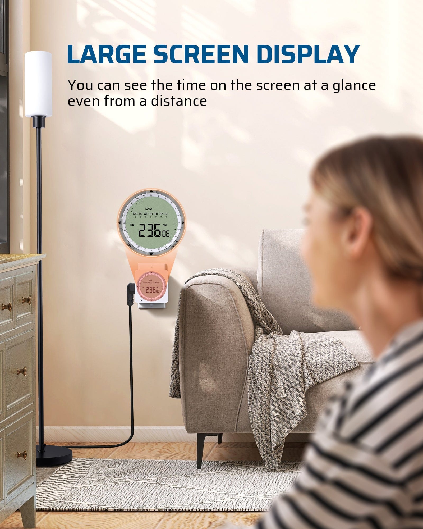 Outlet timer: Large screen display allows you to see the time at a glance, even from a distance, for clear and easy monitoring.