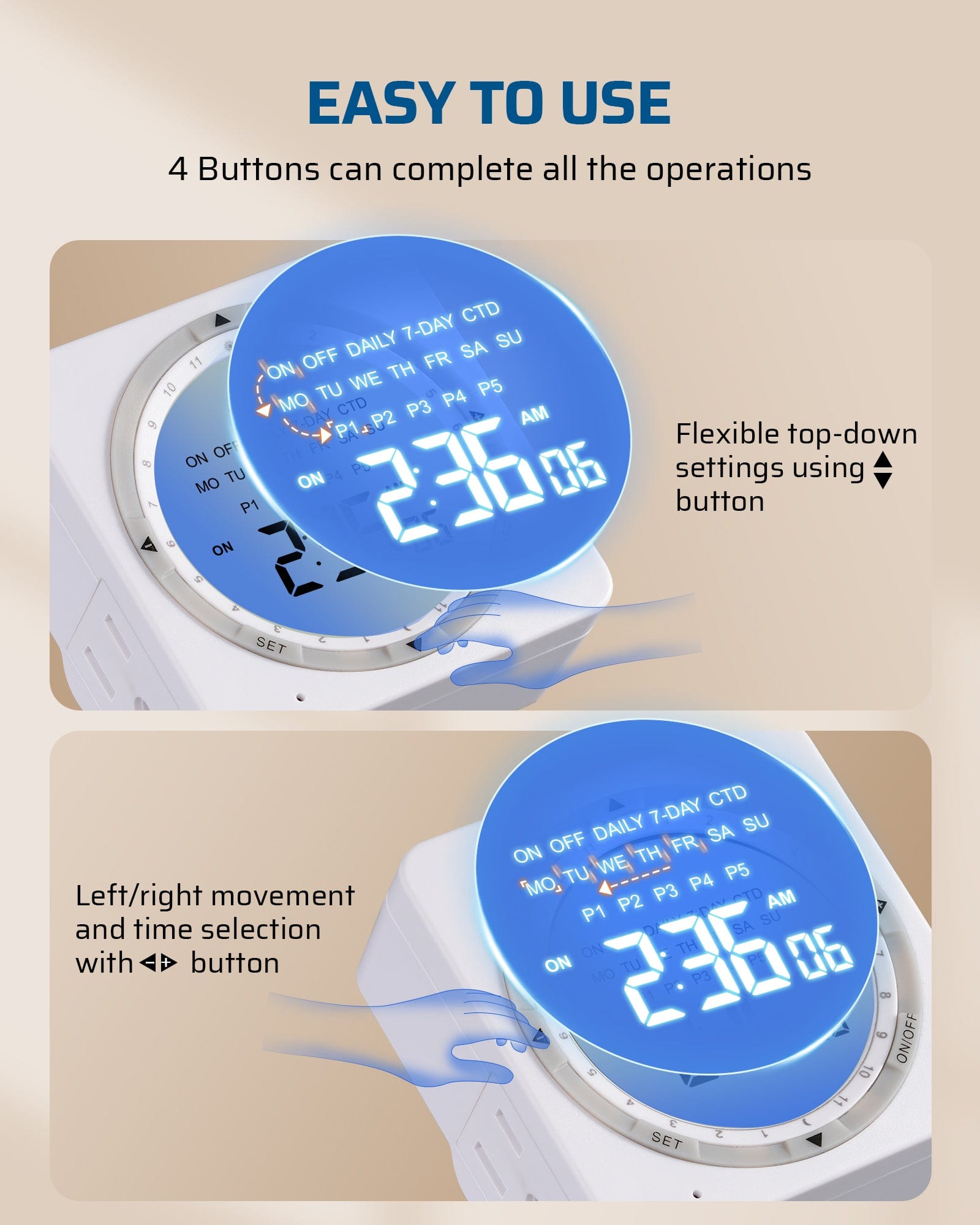 Outlet timer: Easy to use with only 4 buttons to complete all operations, ensuring a simple and user-friendly setup for your devices.