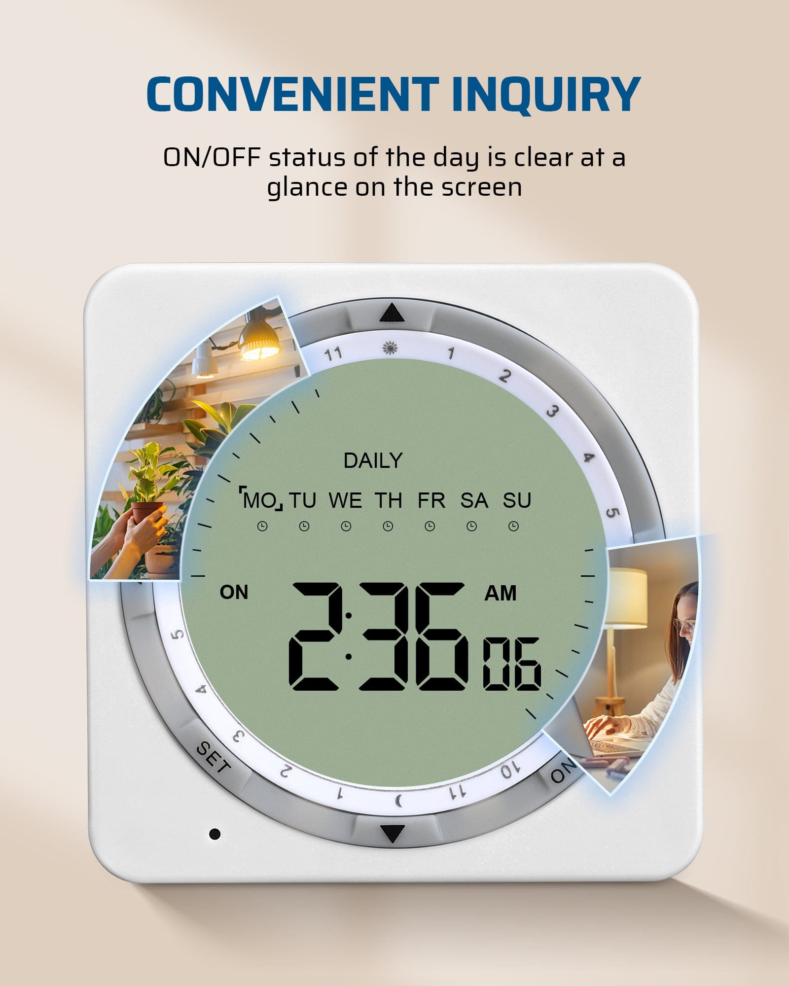 Outlet timer: Convenient inquiry with a large screen display that shows the day's ON/OFF status at a glance for easy monitoring.