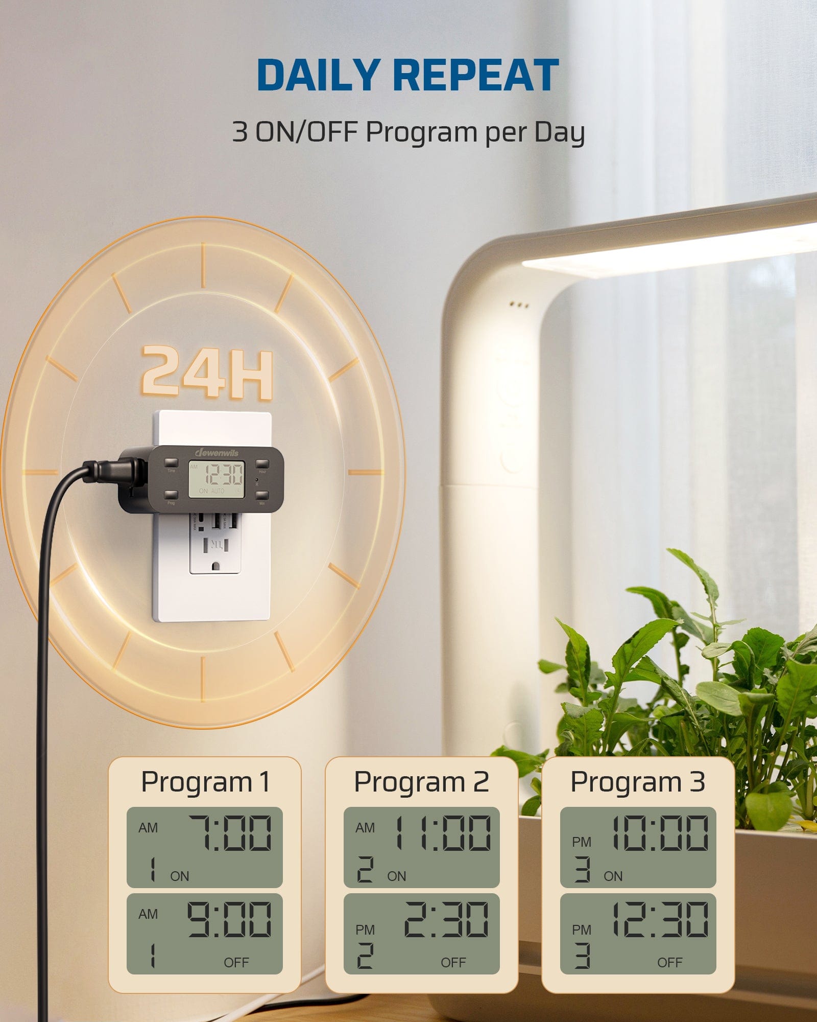 Outlet timer: Daily repeat features 3 ON/OFF programs per day for precise, dependable scheduling. Perfect for automating your home devices efficiently.