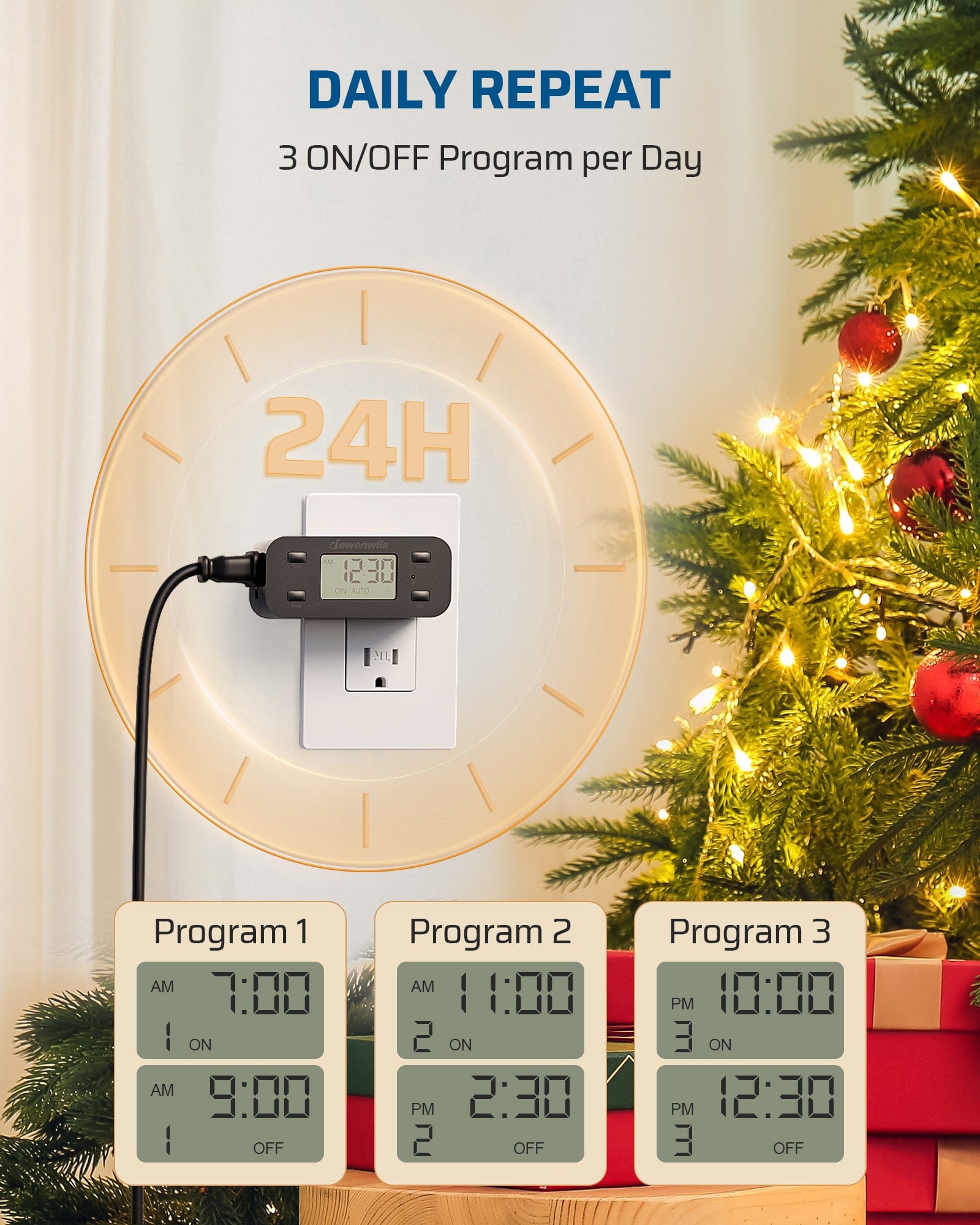 Outlet Timer: Silent 3-prong timer with 3 ON/OFF daily repeat programs. Precise 1-minute intervals and manual control make it ideal for home automation.