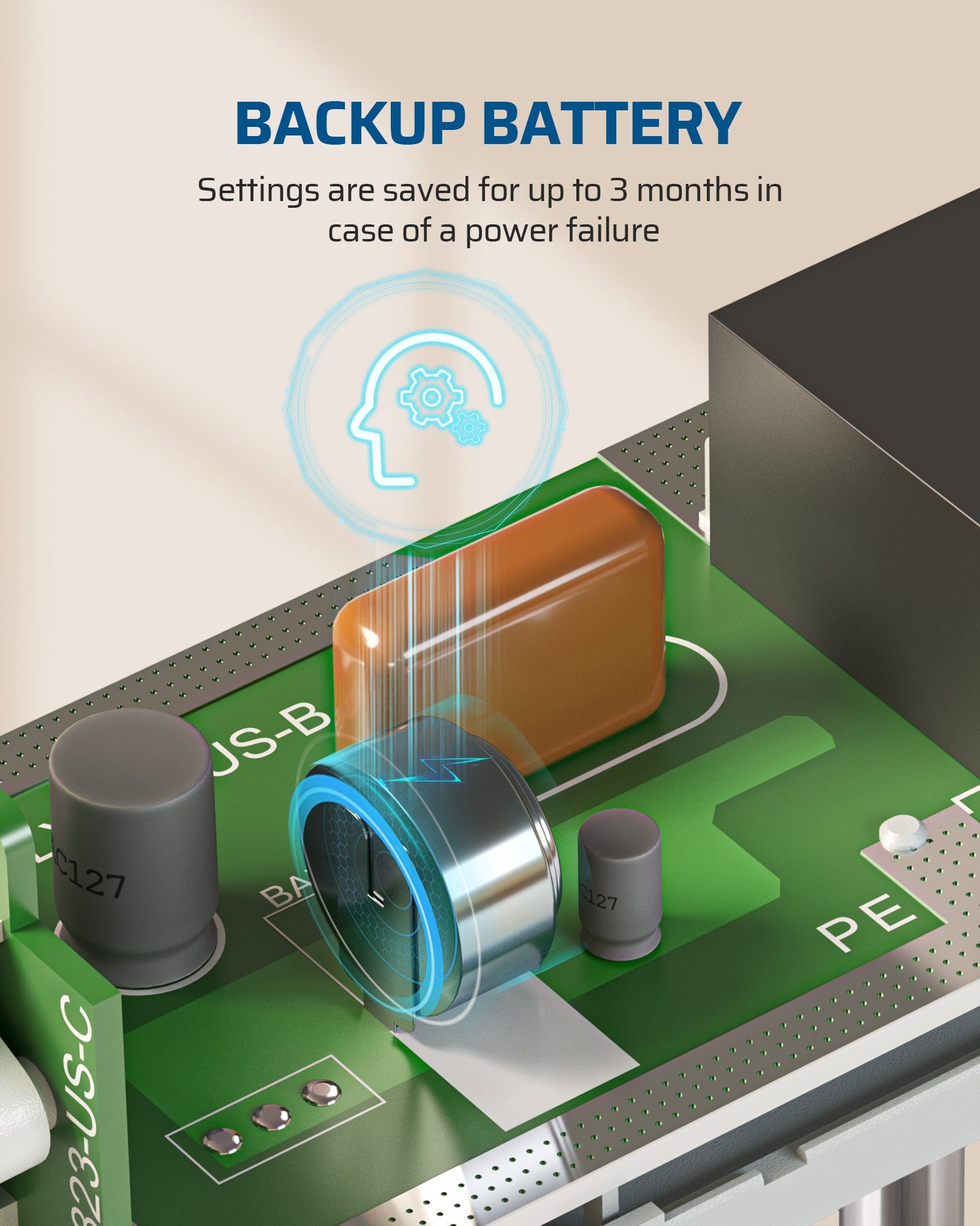 Outlet timer: Built-in backup battery saves your settings for up to 3 months during power failures.