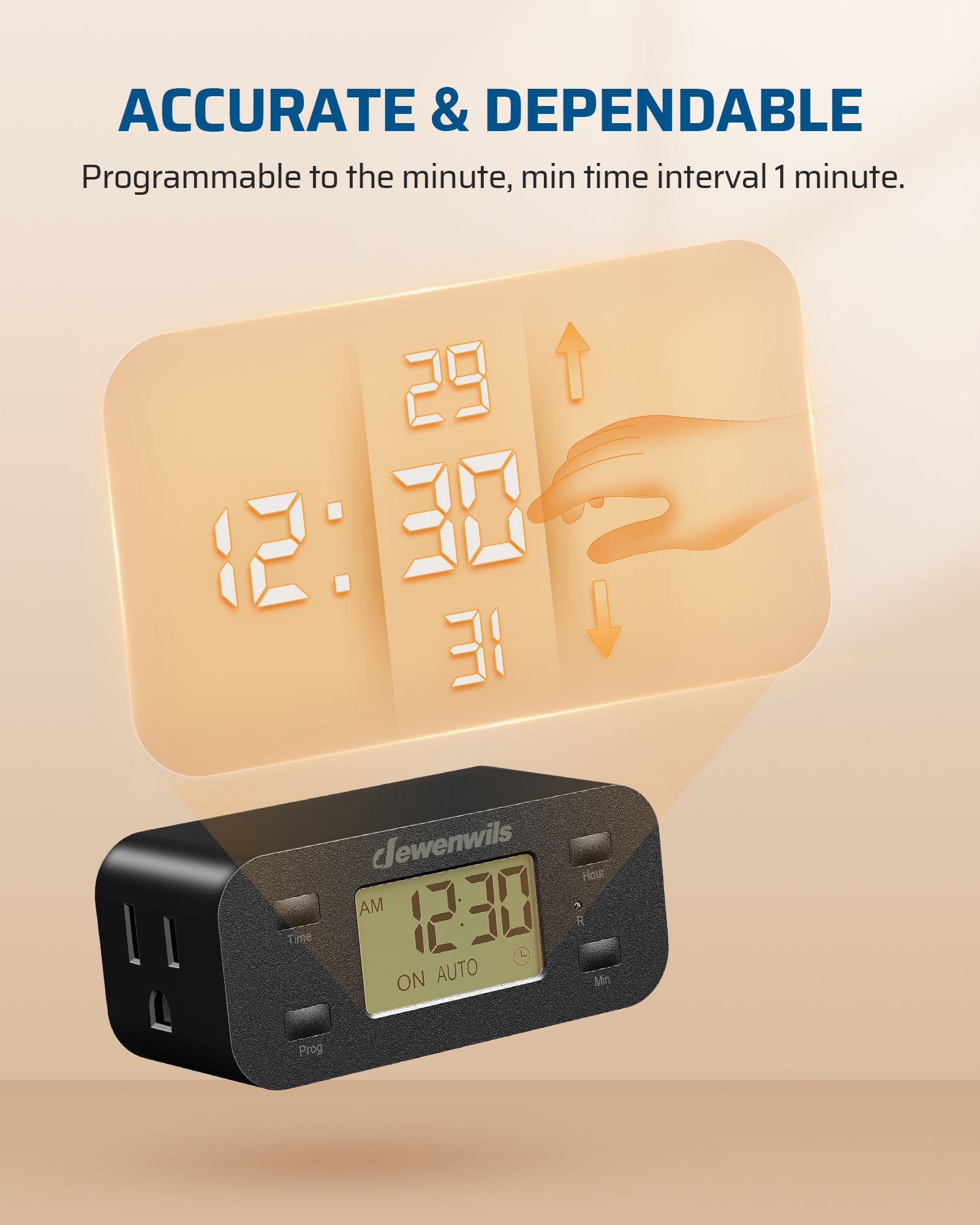 Outlet timer: Accurate and dependable, programmable to the minute with a 1-minute minimum interval for precise scheduling of your indoor devices.