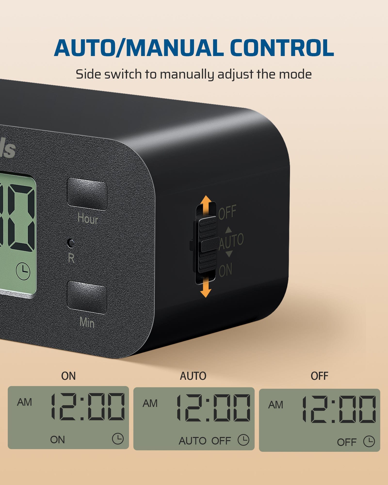 Outlet timer: Side switch for easy auto/manual mode adjustment. 