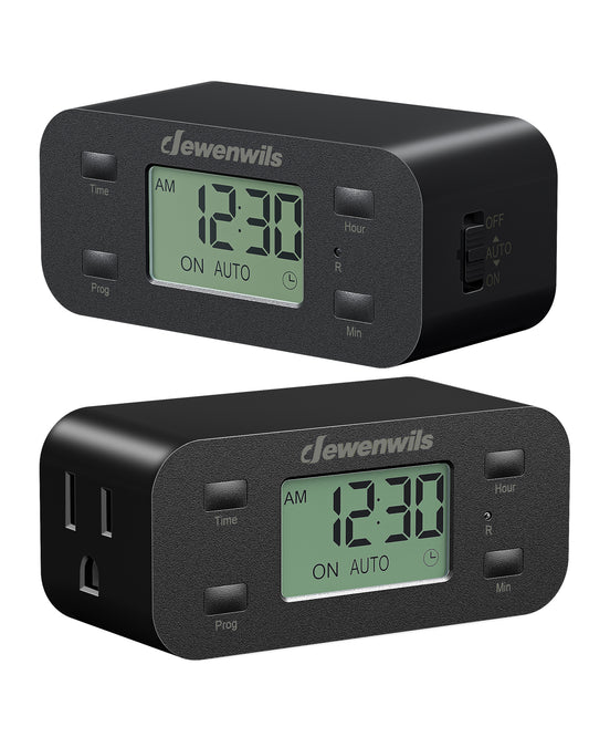 DEWENWILS 24 Hour Programmable Digital Timer Outlet with 1 Grounded Outlet, 2 Pack Timers for Electrical Outlets, 3 Prong Light Timer for Indoor Lamp Fan Aquarium, 125V/15A/1000W, 1/2 HP, Black-HIDT22H